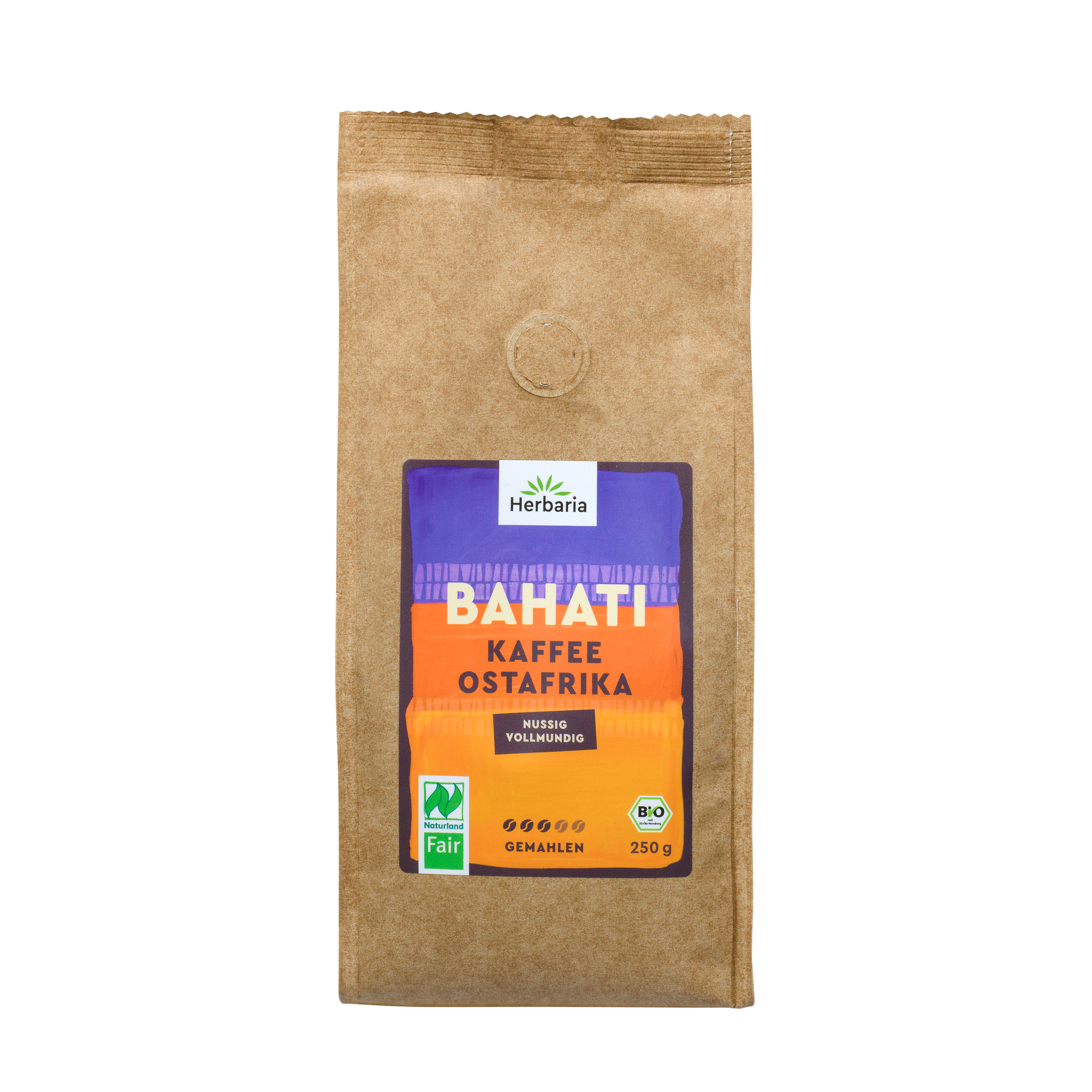 "Herbaria Bahati Bio-Kaffee gemahlen 250g aus Ostafrika, Naturland Fair zertifiziert."