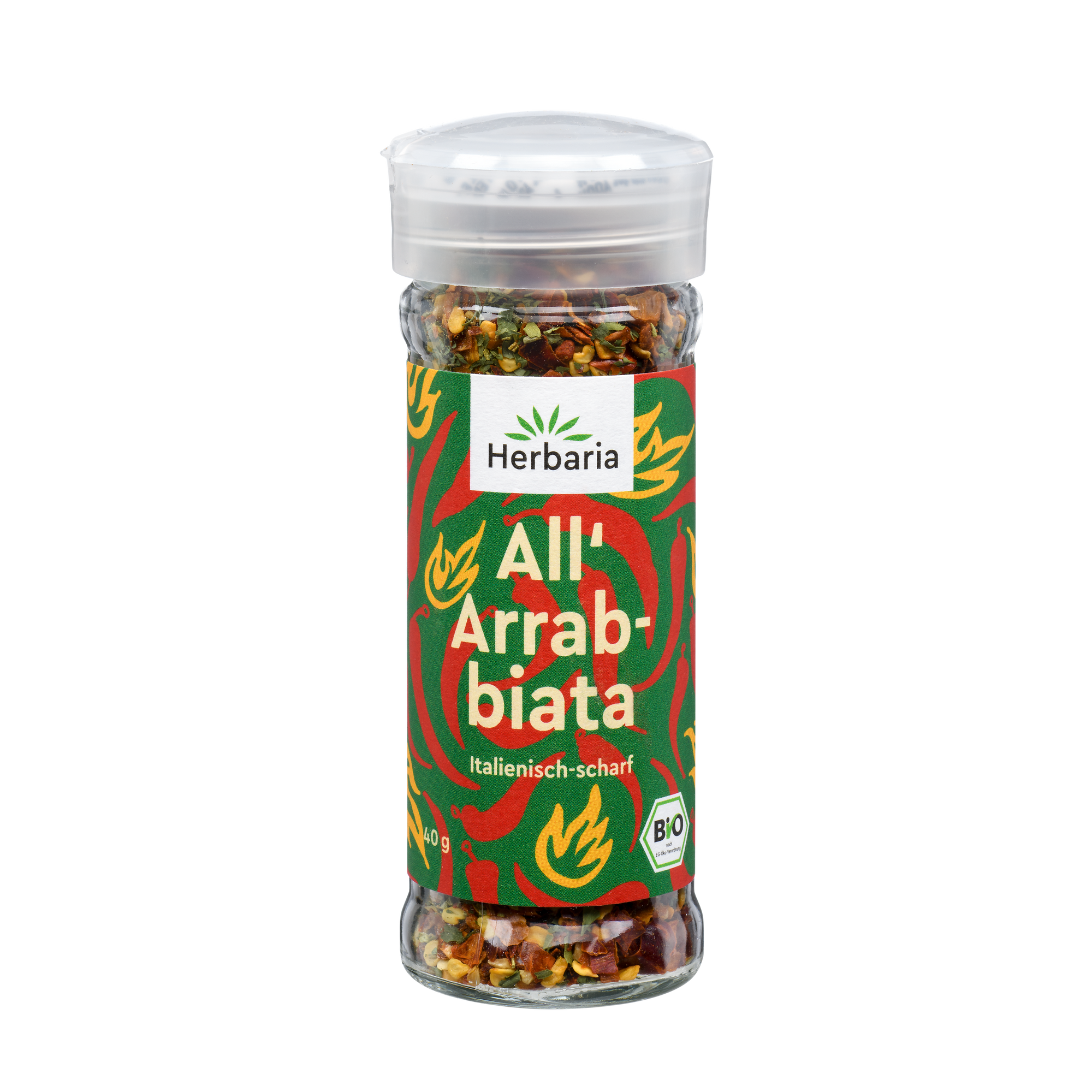 "Herbaria All' Arrabbiata Bio-Gewürzmischung im Glas-Gewürzstreuer für den italienischen Klassiker Penne all’arrabbiata."