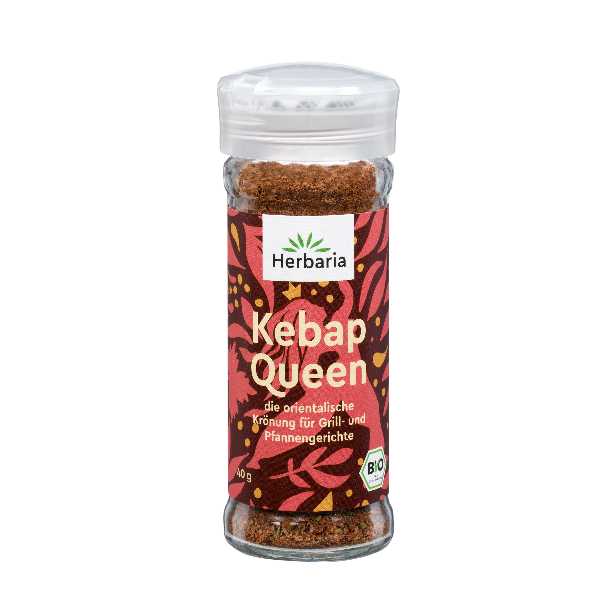 "Herbaria Kebap Queen Bio-Gewürzzubereitung im Glas-Gewürzstreuer für Grill- und Pfannengerichte."