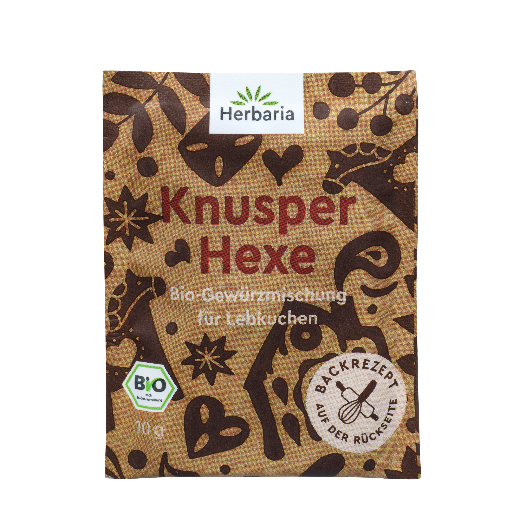 "Herbaria Knusperhexe Bio-Gewürzmischung im Sachet für Plätzchen, Spekulatius, Zimtsterne, Früchtebrot und Elisen-Lebkuchen."