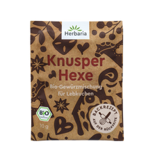 "Herbaria Knusperhexe Bio-Gewürzmischung im Sachet für Plätzchen, Spekulatius, Zimtsterne, Früchtebrot und Elisen-Lebkuchen."
