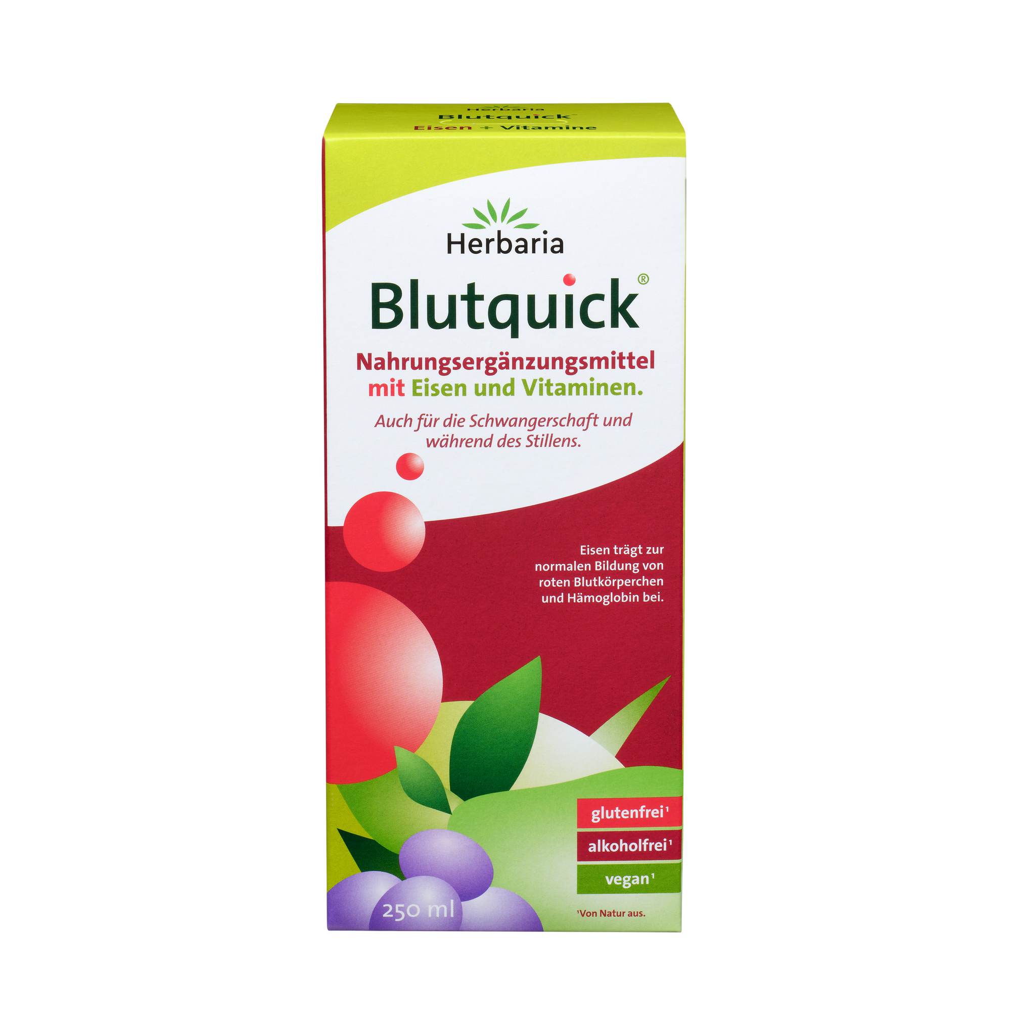"Herbaria Blutquick 250ml, Nahrungsergänzungsmittel mit Eisen und Vitaminen."
