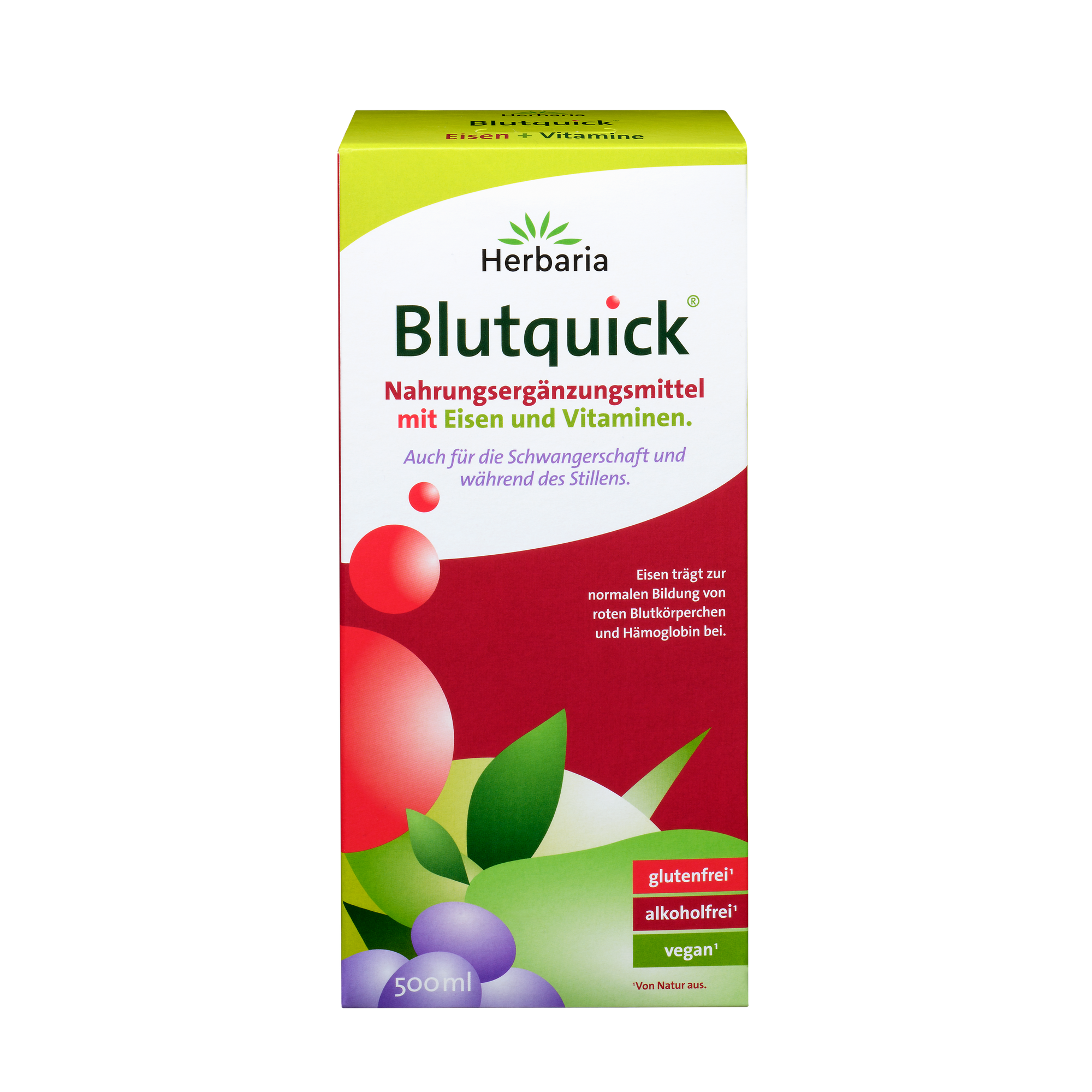 "Herbaria Blutquick 500ml, Nahrungsergänzungsmittel mit Eisen und Vitaminen."