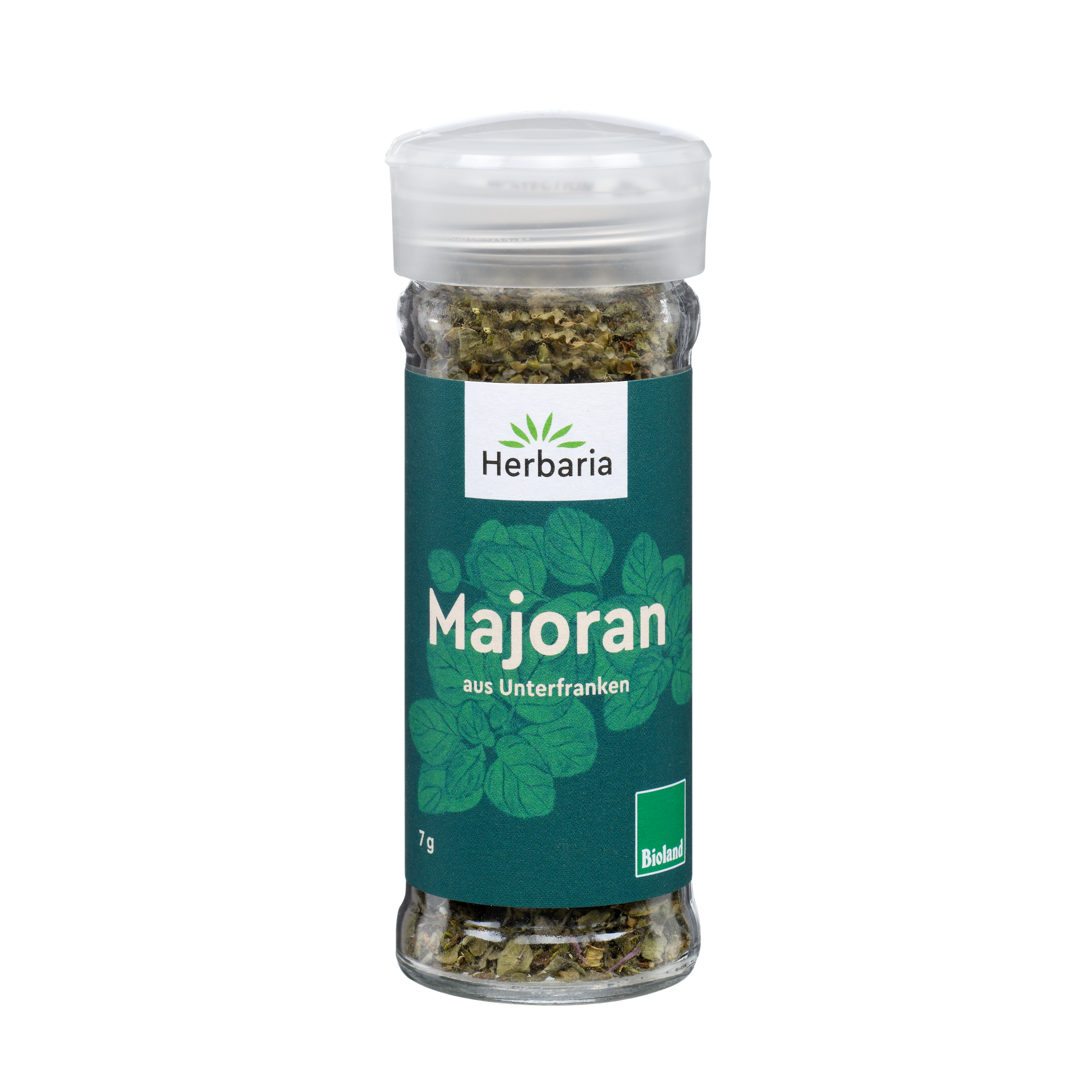 "Herbaria Bio-Majoran in Bioland-Qualität im Glas-Gewürzstreuer."