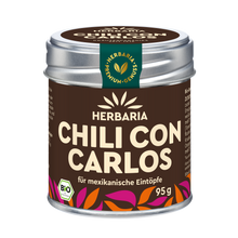 "Herbaria Chili con Carlos Bio-Gewürzzubereitung in der Weißblechdose für Chili con Carne und vegane Eintopfgerichte."