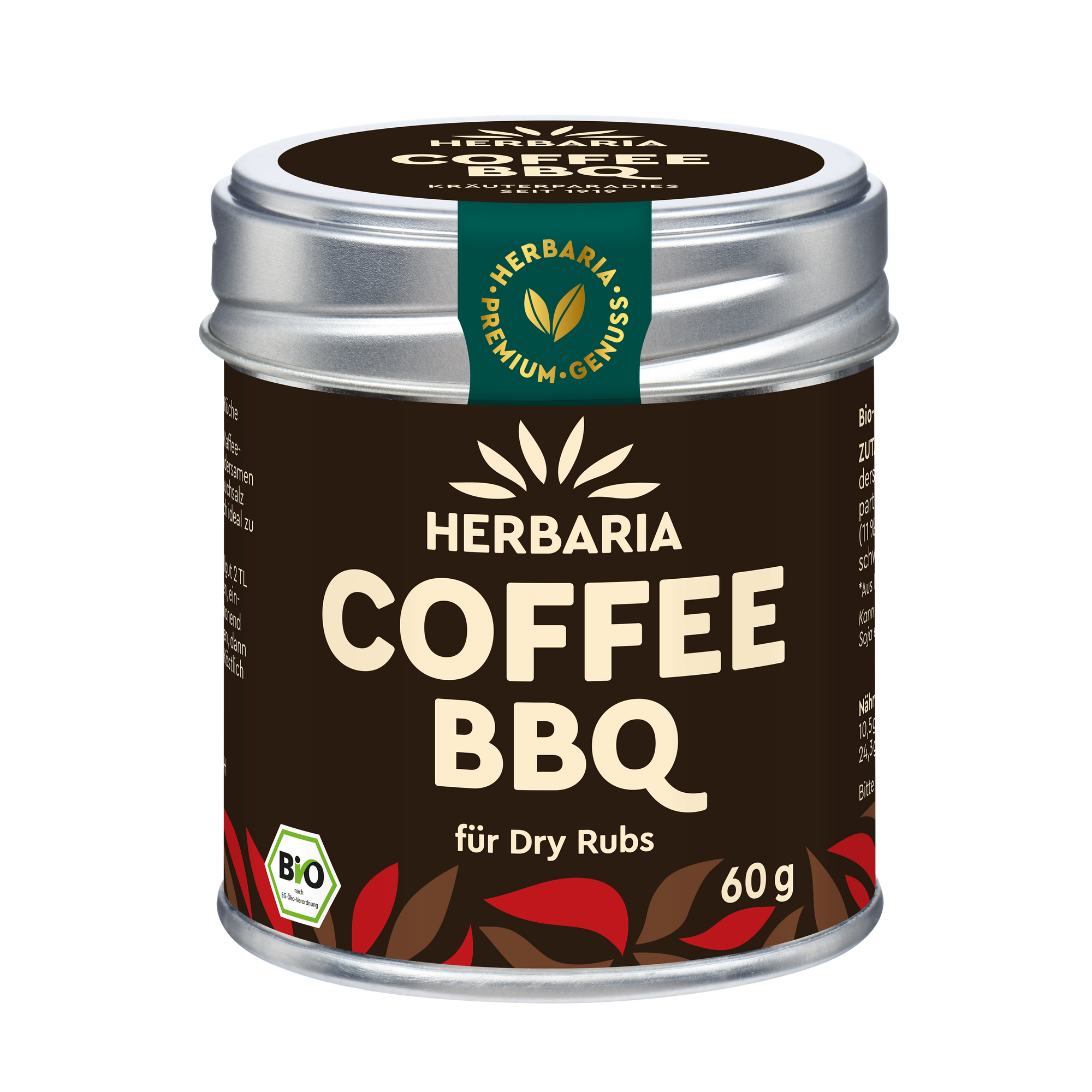 "Herbaria Coffee BBQ Bio-Gewürzzubereitung in der Weißblechdose für Gegrilltes und Gebratenes."