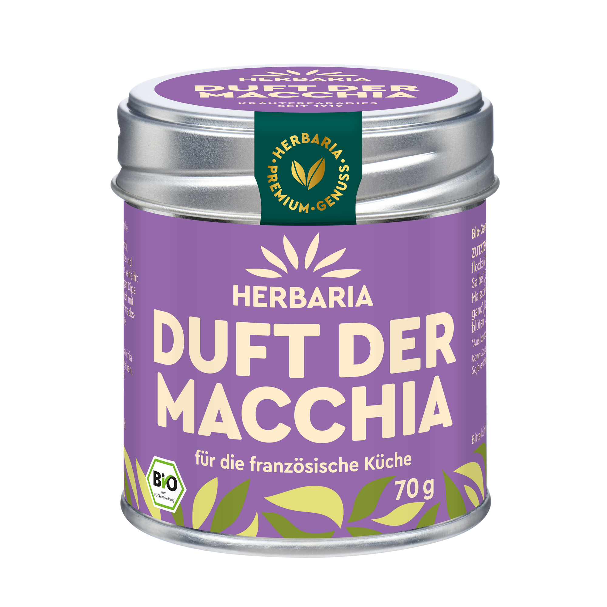 "Herbaria Duft der Macchia Bio-Gewürzsalz in der Weißblechdose für mediterrane Fleisch-, Fisch- und Gemüsegerichte."