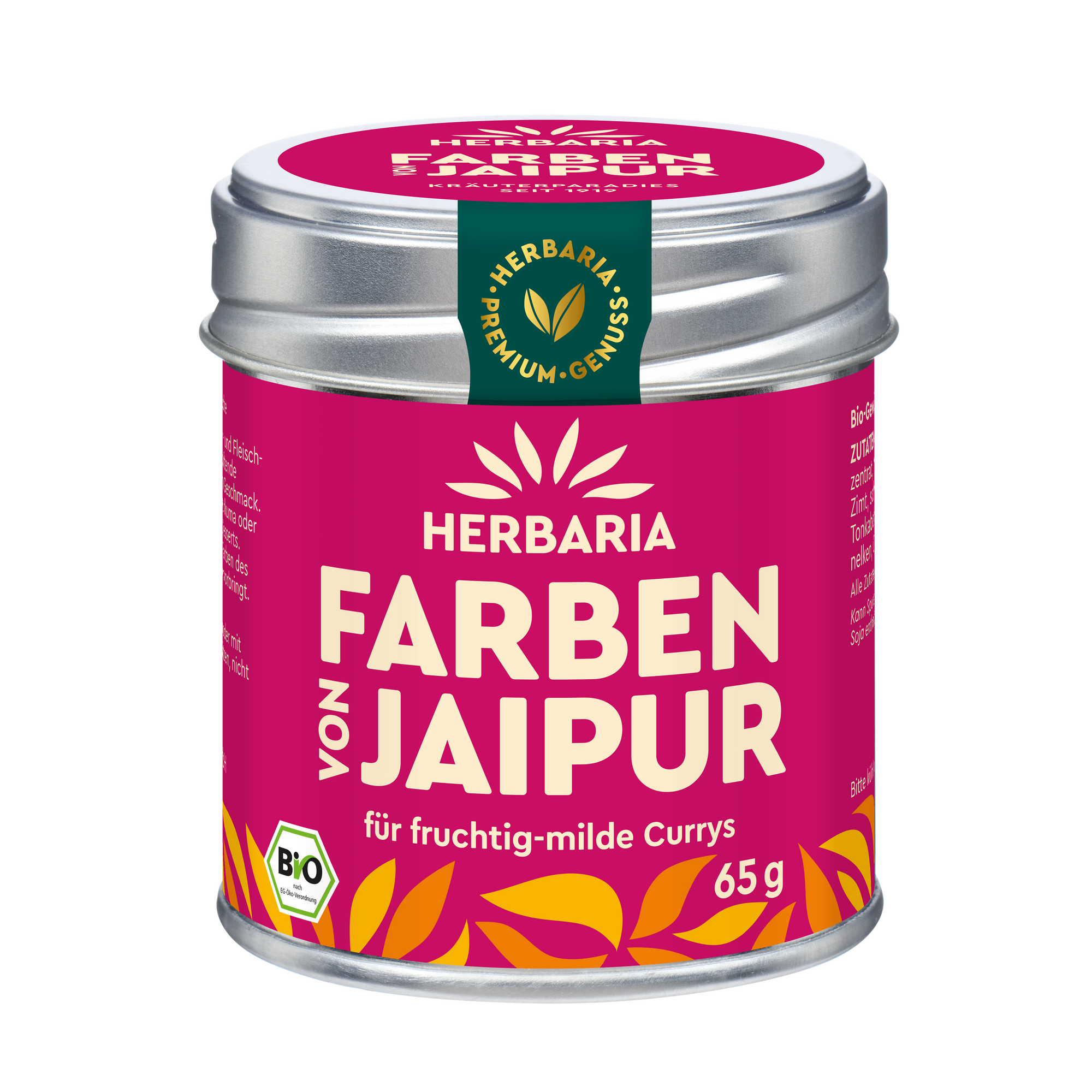 "Herbaria Farben von Jaipur Bio-Curry-Gewürzmischung in der Weißblechdose für typisch indische Gerichte."
