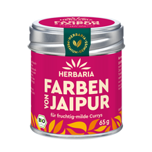 "Herbaria Farben von Jaipur Bio-Curry-Gewürzmischung in der Weißblechdose für typisch indische Gerichte."