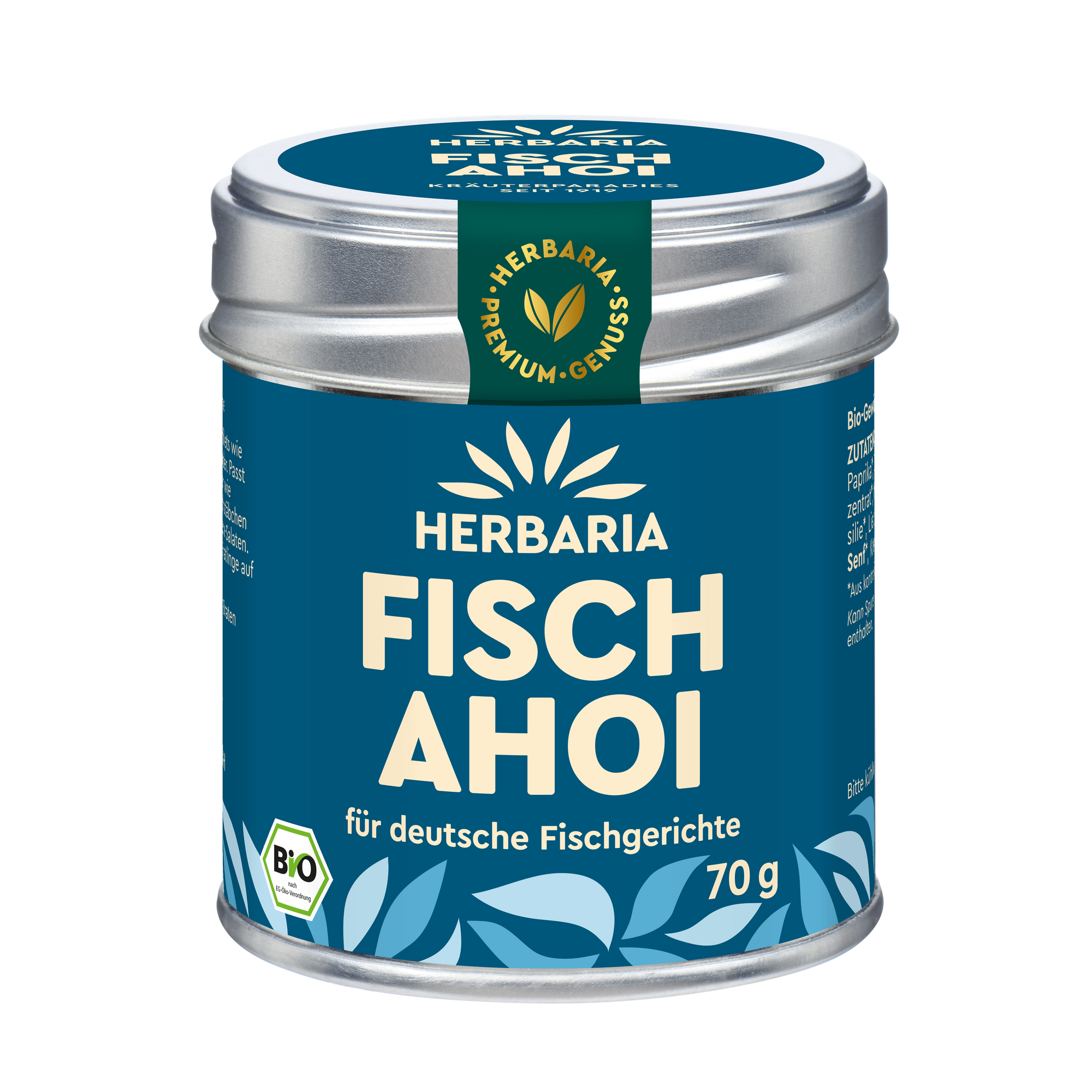 "Herbaria Fisch Ahoi Bio-Gewürzsalz in der Weißblechdose für gebratenen oder gegrillten Süßwasser- und Meeresfisch."