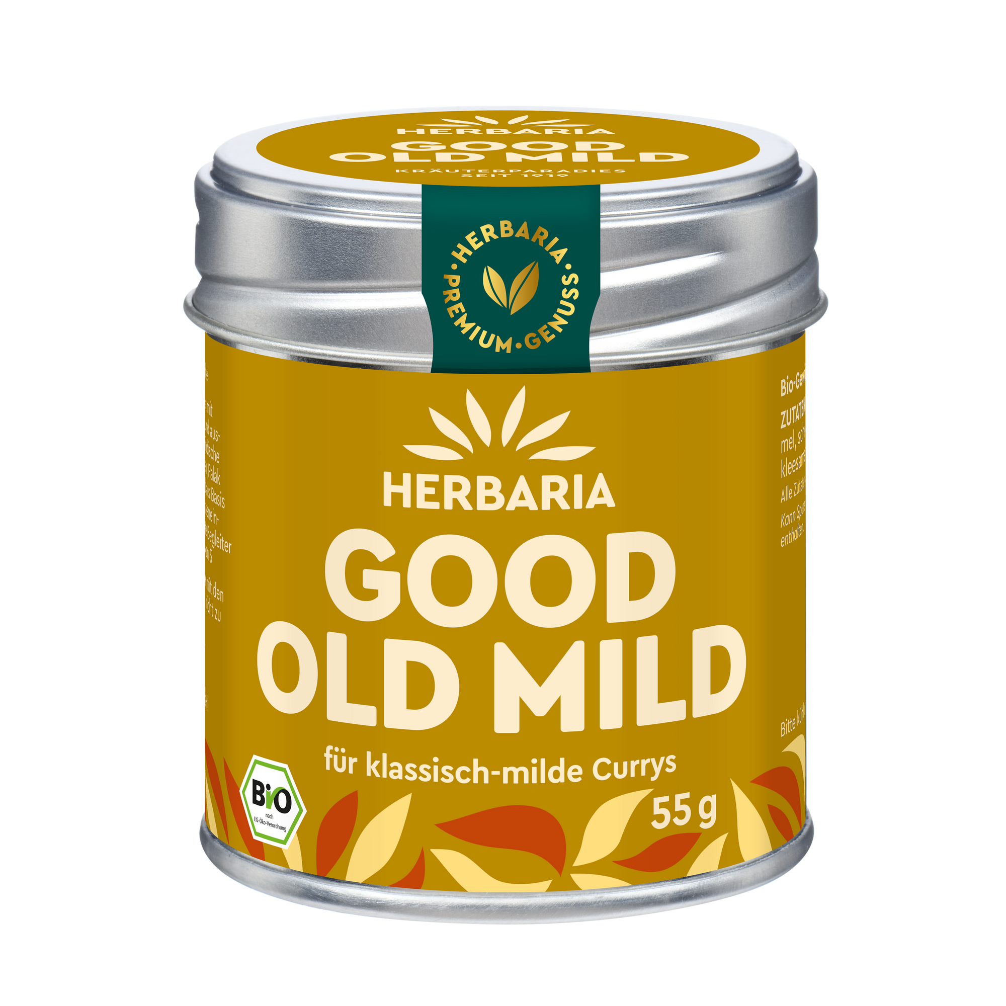 "Herbaria Good Old Mild Bio-Curry-Gewürzmischung in der Weißblechdose für Currywurst, Geschnetzeltes und indische Currys."