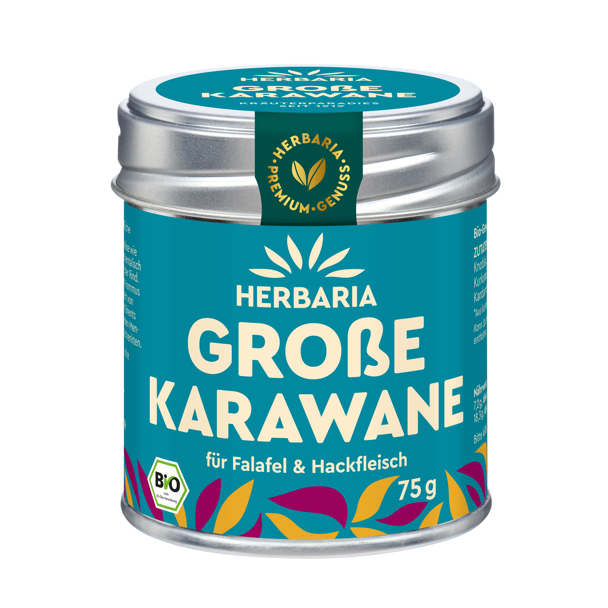 "Herbaria Große Karawane Bio-Gewürzzubereitung in der Weißblechdose für orientalische Hackfleischgerichte und Falafel."