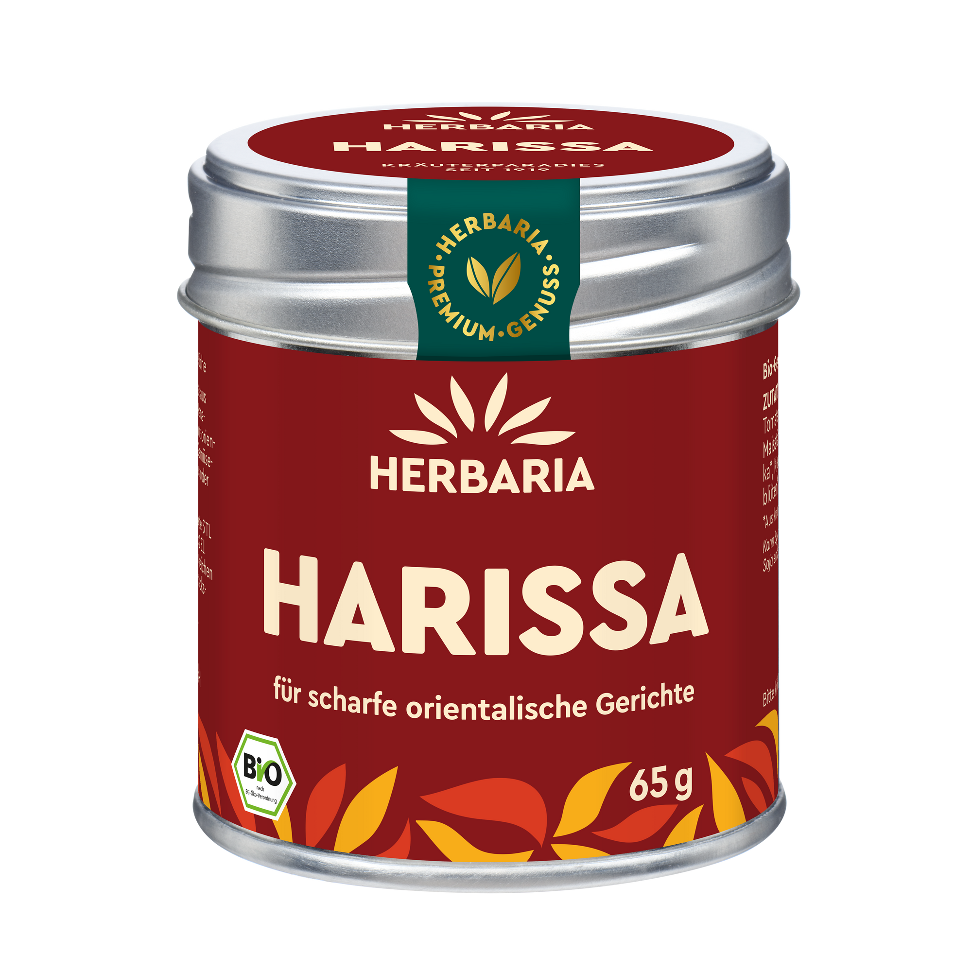 "Herbaria Harissa Bio-Gewürzzubereitung in der Weißblechdose für scharfe orientalische Gerichte."