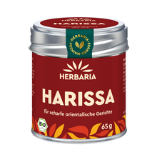 "Herbaria Harissa Bio-Gewürzzubereitung in der Weißblechdose für scharfe orientalische Gerichte."