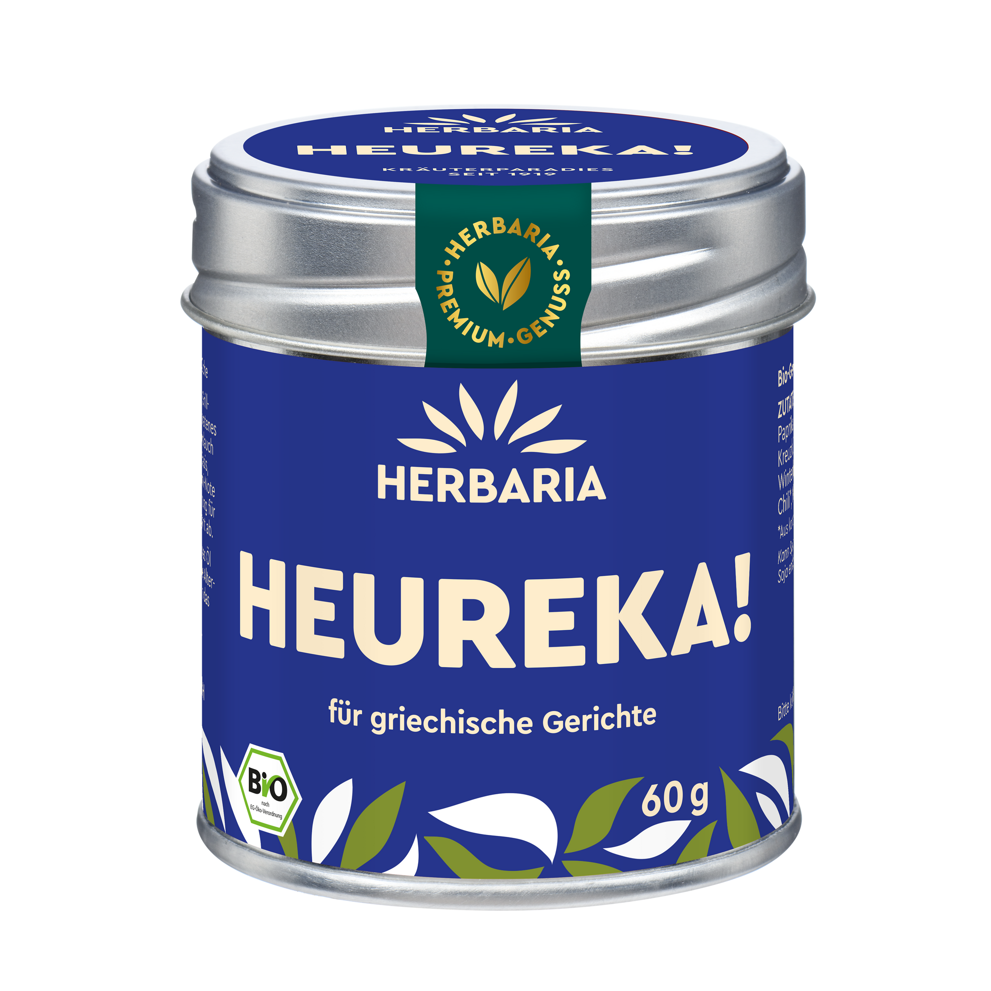 "Herbaria Heureka Bio-Gewürzzubereitung in der Weißblechdose für Gyros, Hackfleisch, gebratenes Fleisch und Gemüse."