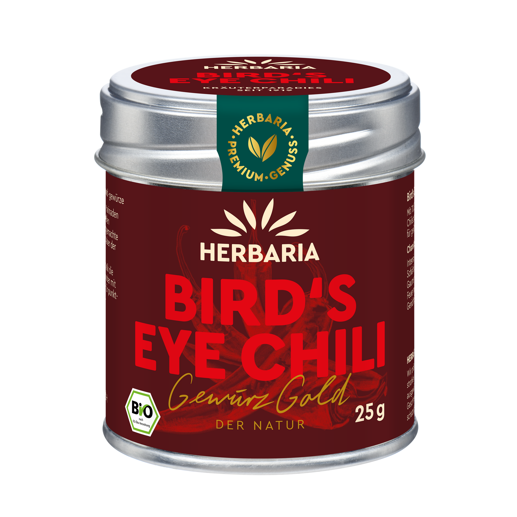 "Herbaria Bio Birds Eye Chilischoten in der Weißblechdose."