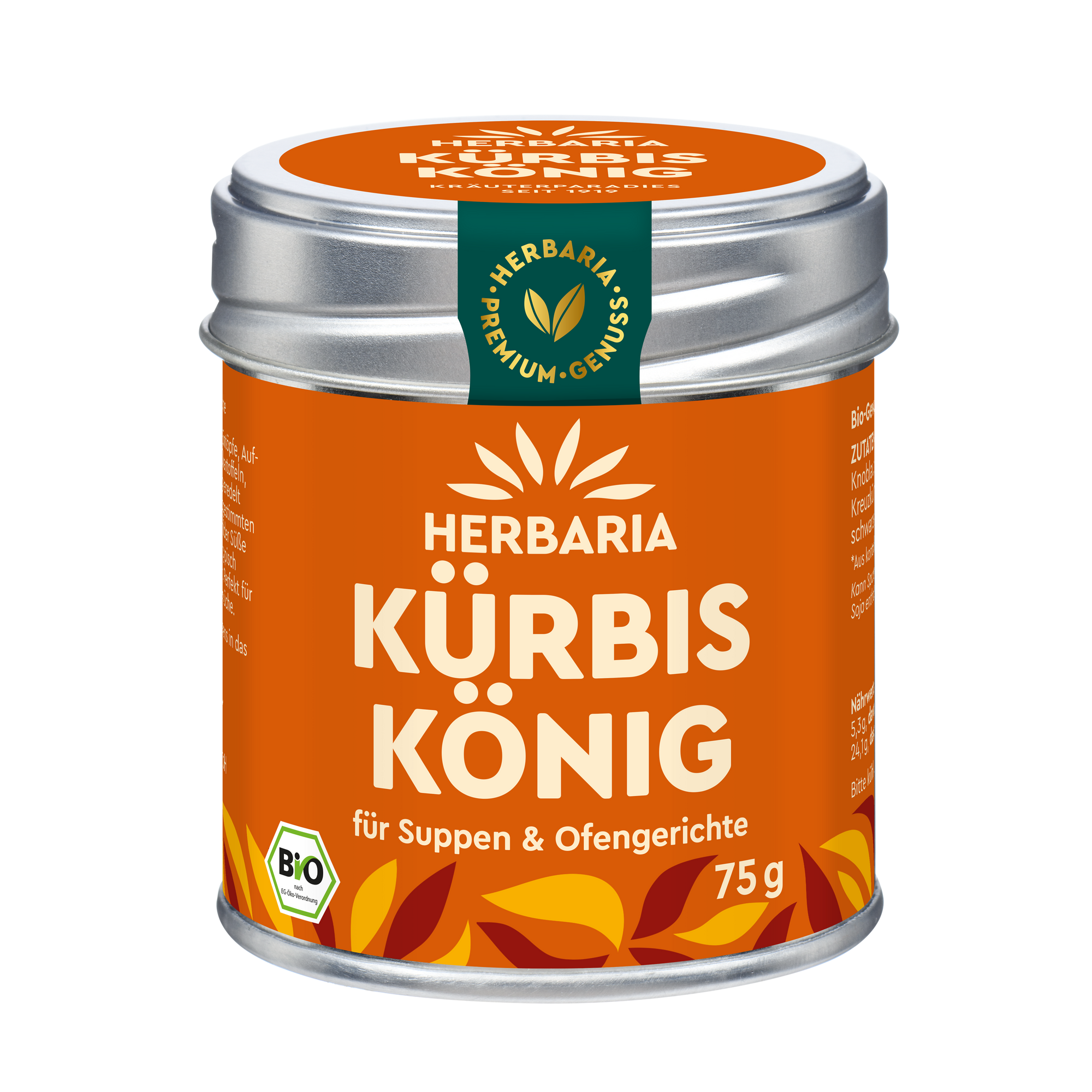 "Herbaria Kürbiskönig Bio-Gewürzzubereitung in der Weißblechdose für Kürbisgerichte wie Suppen und Eintöpfe."