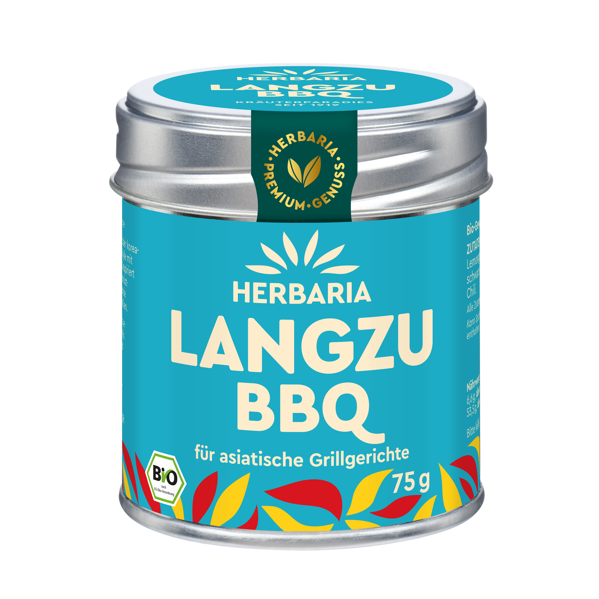 "Herbaria LangZu BBQ Bio-Gewürzmischung in der Weißblechdose für asiatisches Grillgemüse, Tofu und Geflügel."