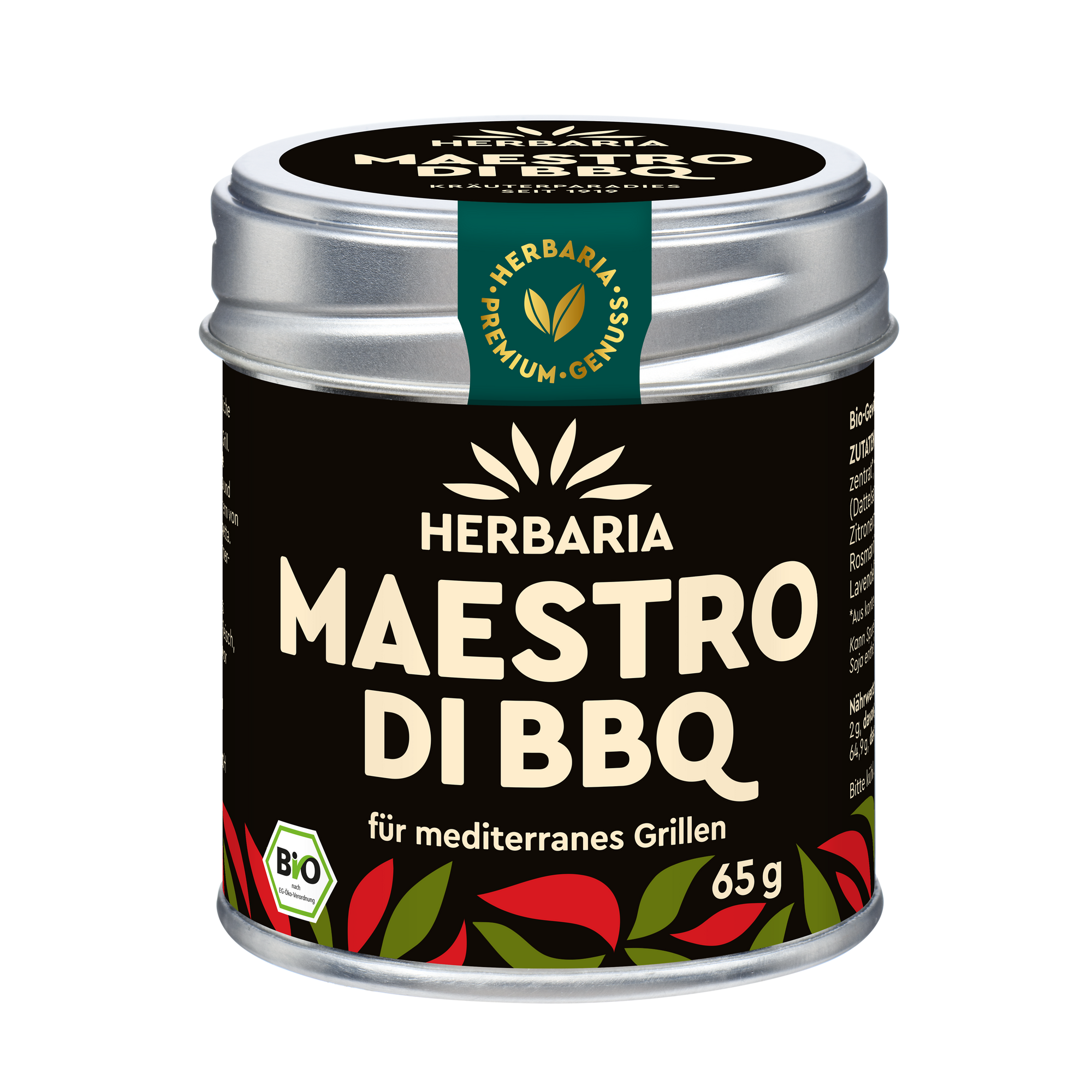 "Herbaria Maestro di BBQ Bio-Gewürzzubereitung in der Weißblechdose für mediterrane Grill- und Bratgerichte."