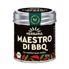 "Herbaria Maestro di BBQ Bio-Gewürzzubereitung in der Weißblechdose für mediterrane Grill- und Bratgerichte."