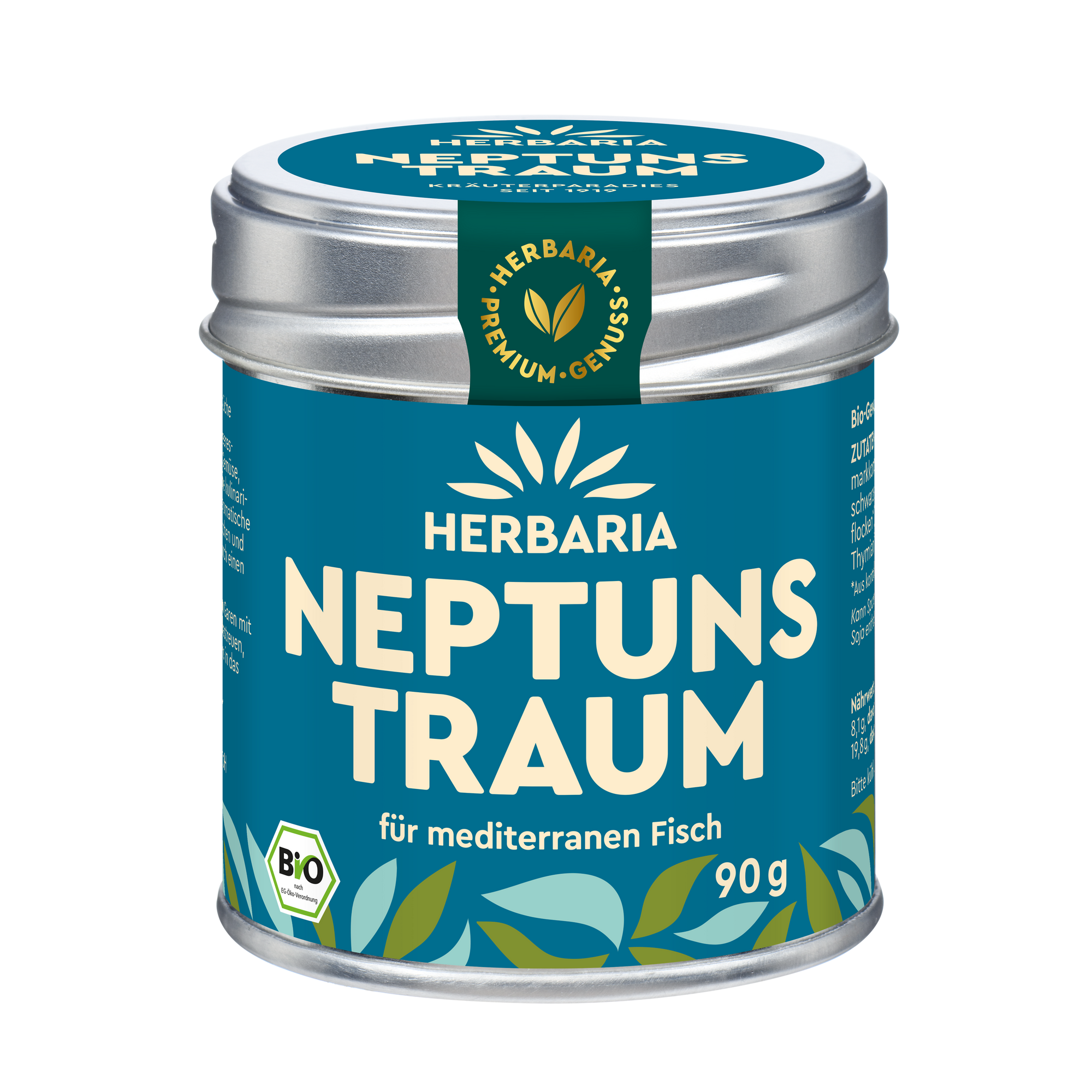 "Herbaria Neptuns Traum Bio-Gewürzsalz in der Weißblechdose für mediterrane Fischgerichte & Pasta."