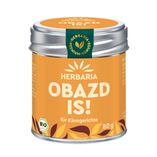 "Herbaria Obazd is! Bio-Gewürzzubereitung in der Weißblechdose für den beliebten bayerischen Käseaufstrich „Obazda“."