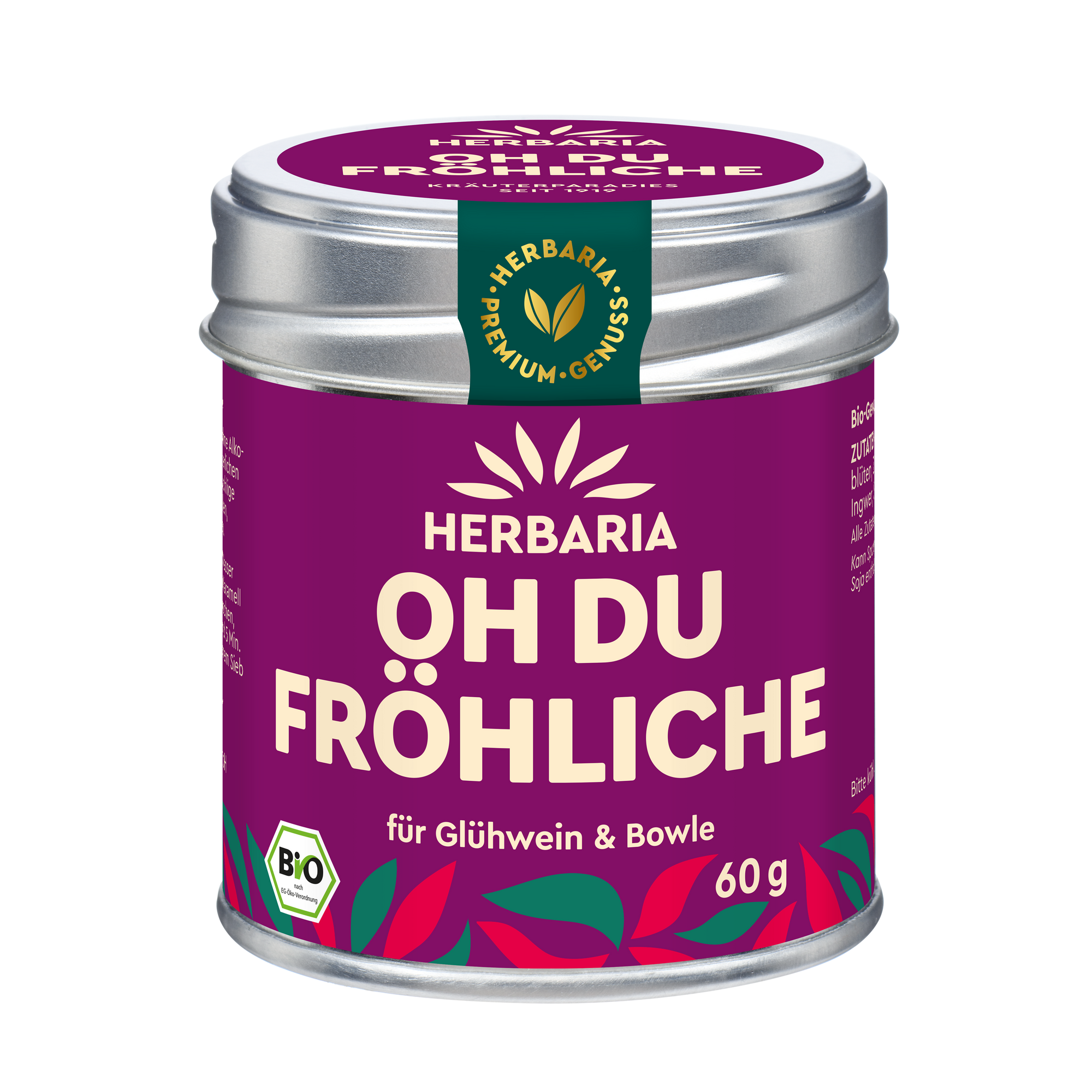 "Herbaria Oh du Fröhliche Bio-Gewürzmischung in der Weißblechdose für Glühwein."