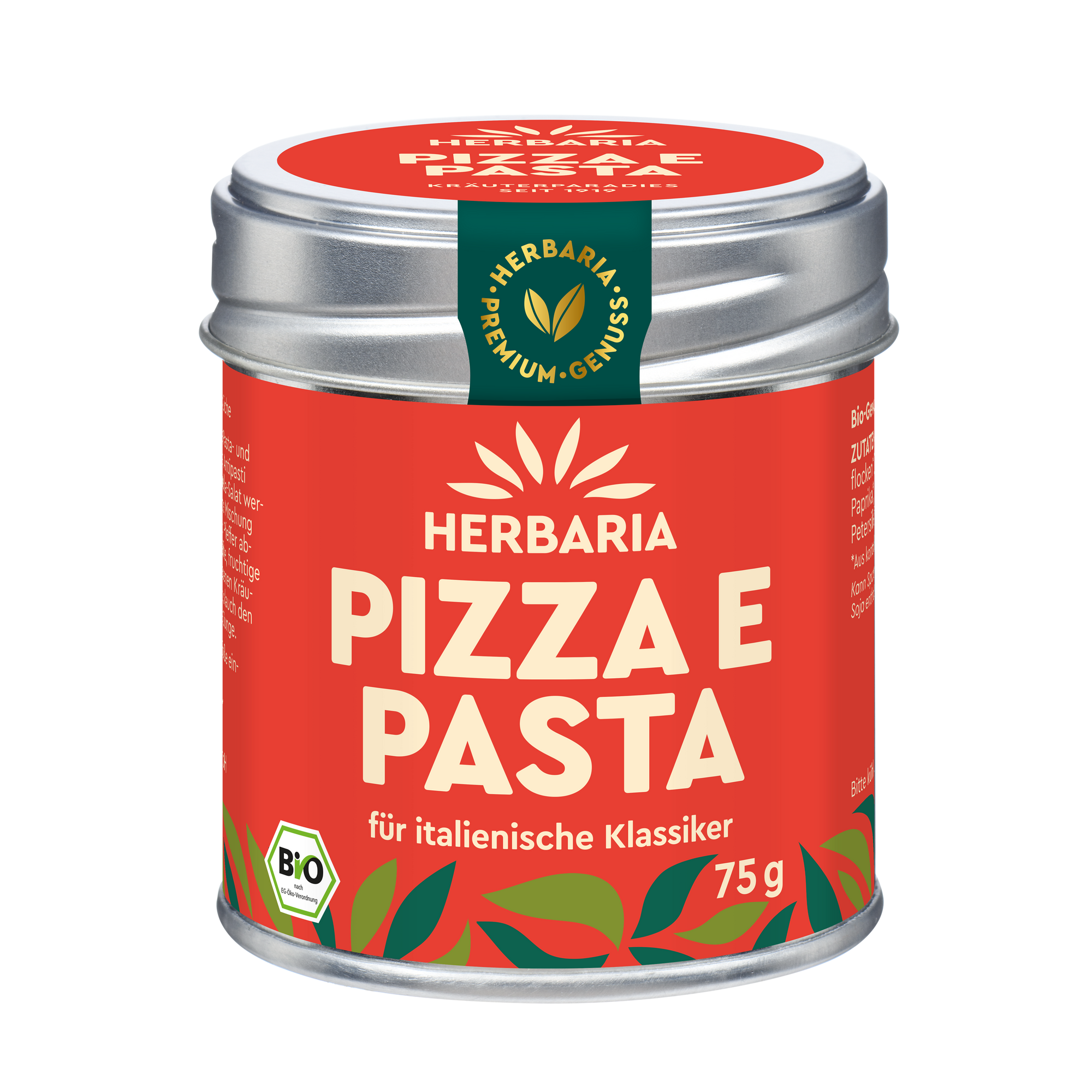 "Herbaria Pizza e Pasta Bio-Gewürzsalz in der Weißblechdose für Pizza und italienische Nudelgerichte."