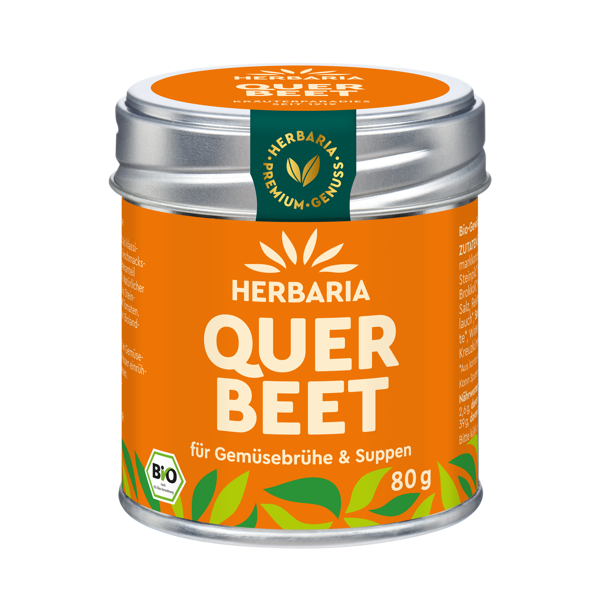 "Herbaria Querbeet Bio-Gemüsebrühe in der Weißblechdose für Salate, Soßen oder als Suppe."