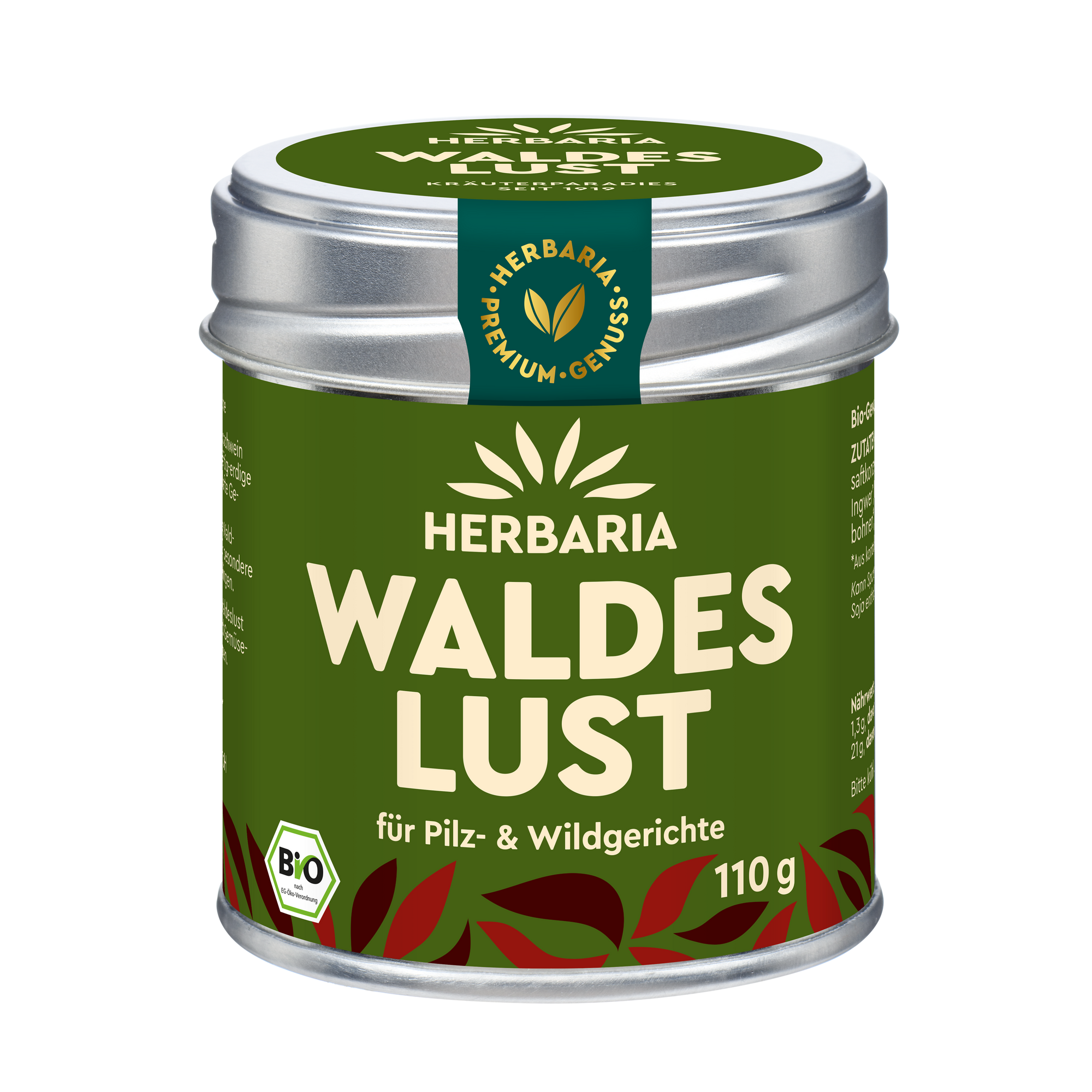"Herbaria Waldeslust Bio-Gewürzsalz in der Weißblechdose für Wild-, Wildgeflügel- und Pilzgerichte."