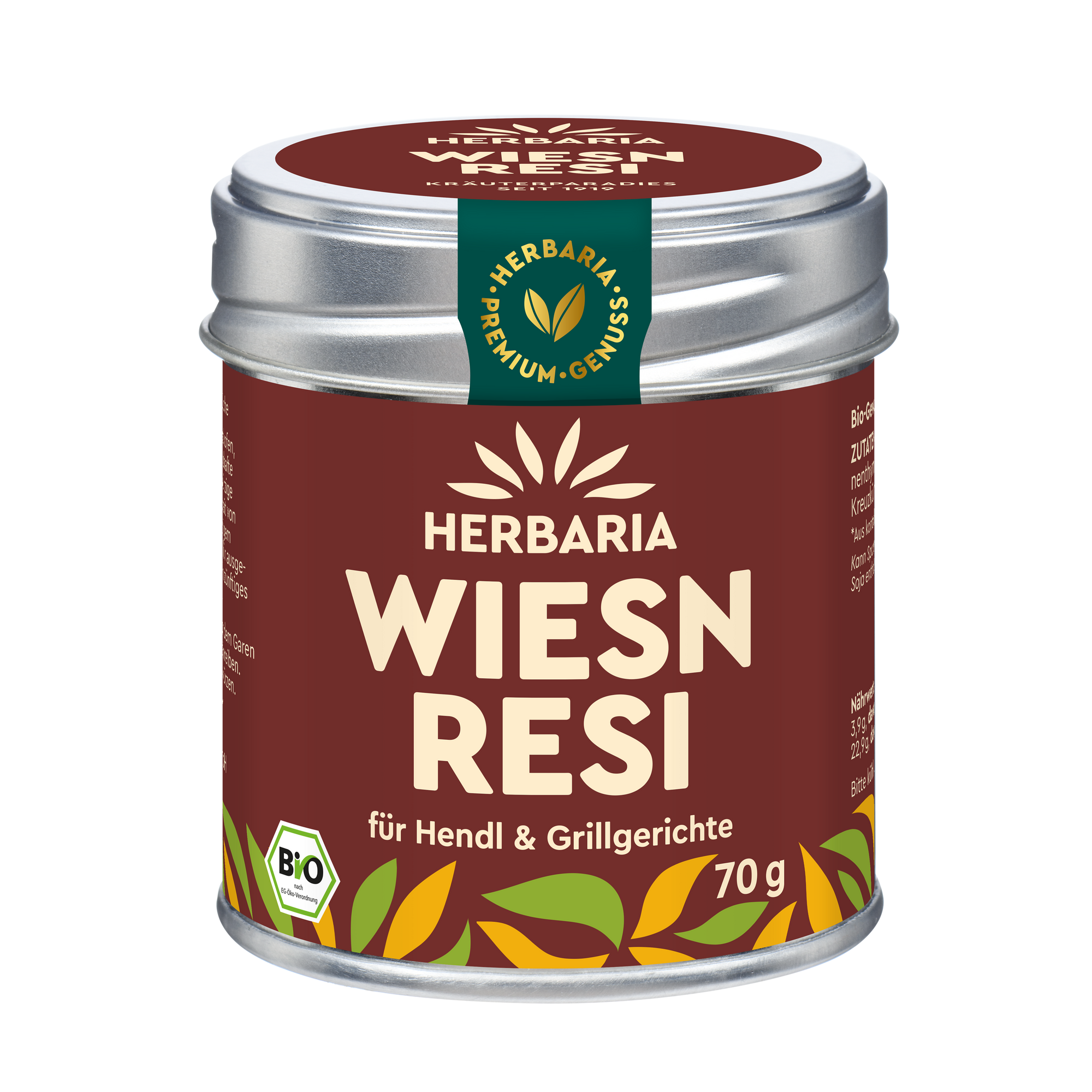 "Herbaria Wiesn Resi Bio-Gewürzzubereitung in der Weißblechdose für bayerische Geflügelgerichte."