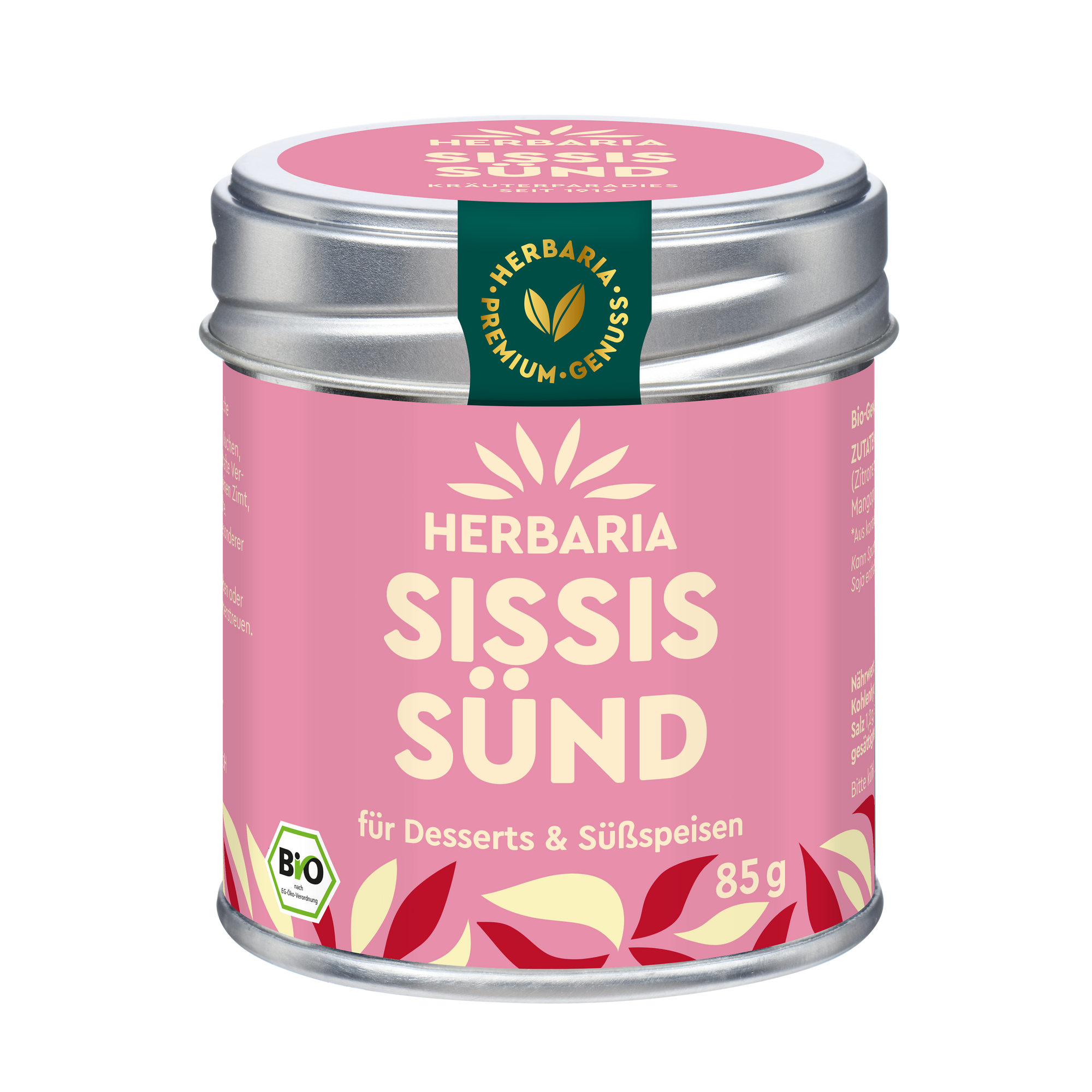 "Herbaria Sissis Sünd Bio-Gewürzzucker in der Weißblechdose für bayerischen Apfelstrudel, Bratäpfeln und Apfelkuchen."