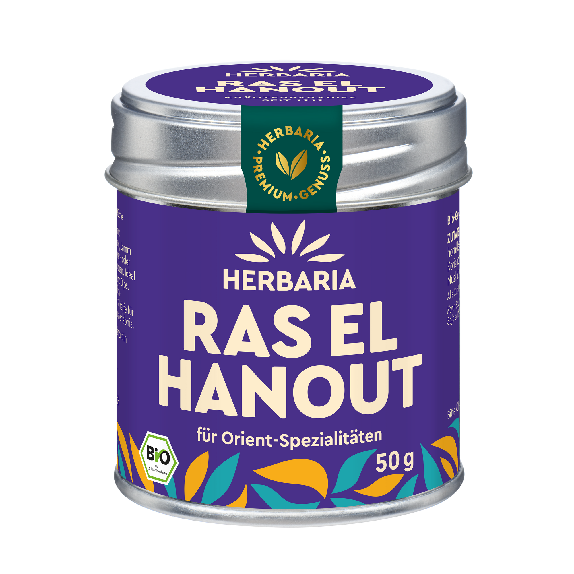 "Herbaria Ras el Hanout Bio-Gewürzmischung in der Weißblechdose für authentisch-orientalische Gerichte."