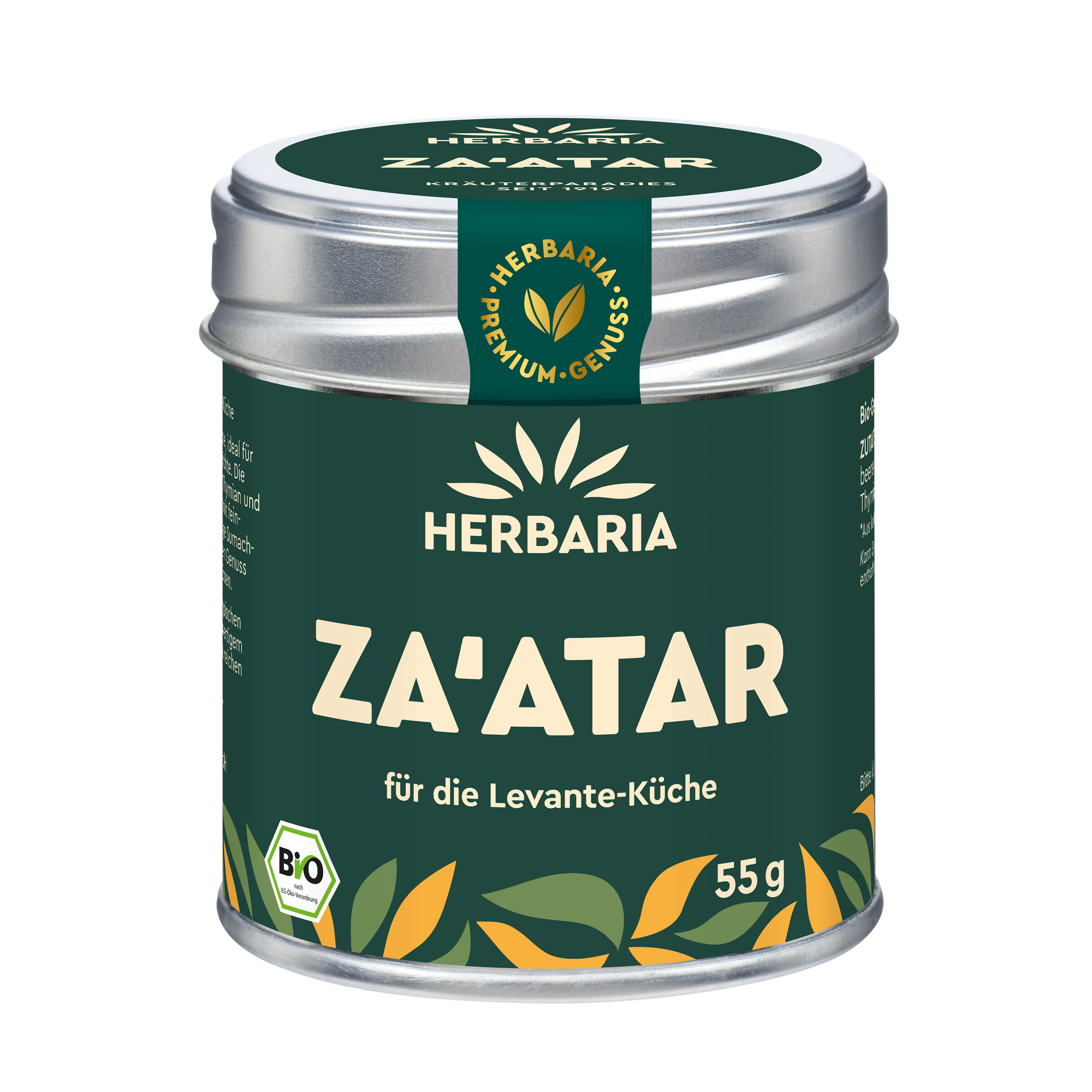 "Herbaria Za'atar Bio-Gewürzzubereitung in der Weißblechdose für Klassiker der Levante-Küche."