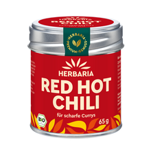 "Herbaria Red Hot Chili Bio-Curry-Gewürzmischung in der Weißblechdose für die extrascharfe Küche."