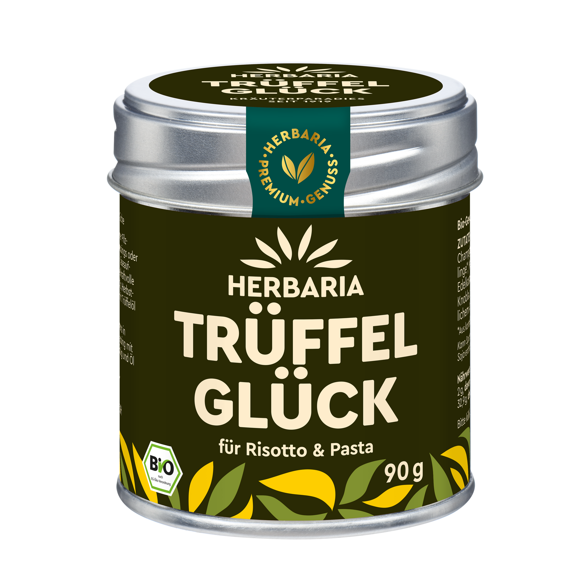 "Herbaria Trüffelglück Bio-Gewürzzubereitung in der Weißblechdose für edle Risotto, Pasta und Pilzgerichte."
