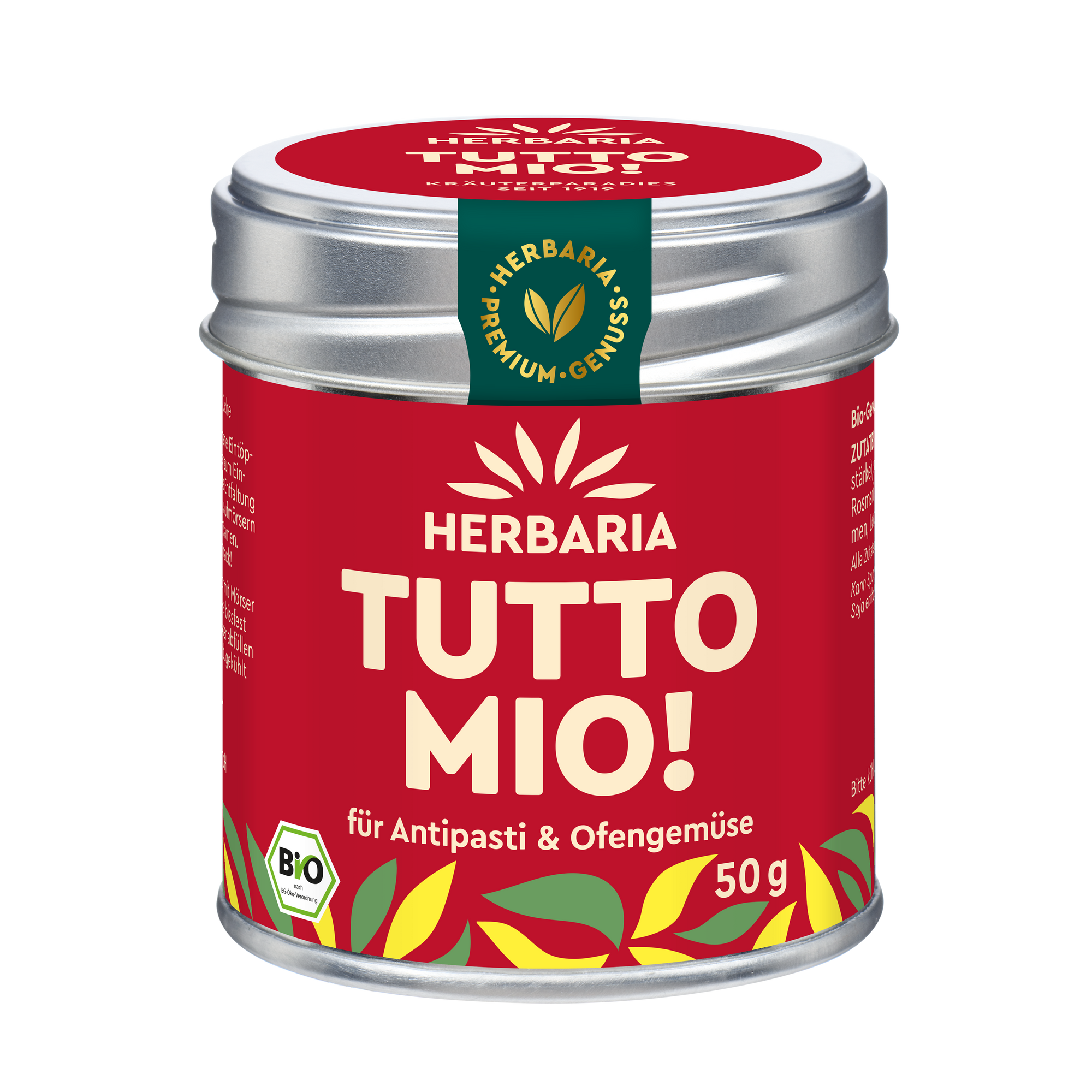 "Herbaria Tutto mio! Bio-Gewürzmischung in der Weißblechdose zum Würzen, Marinieren oder Einlegen von Gemüse und Pilzen."