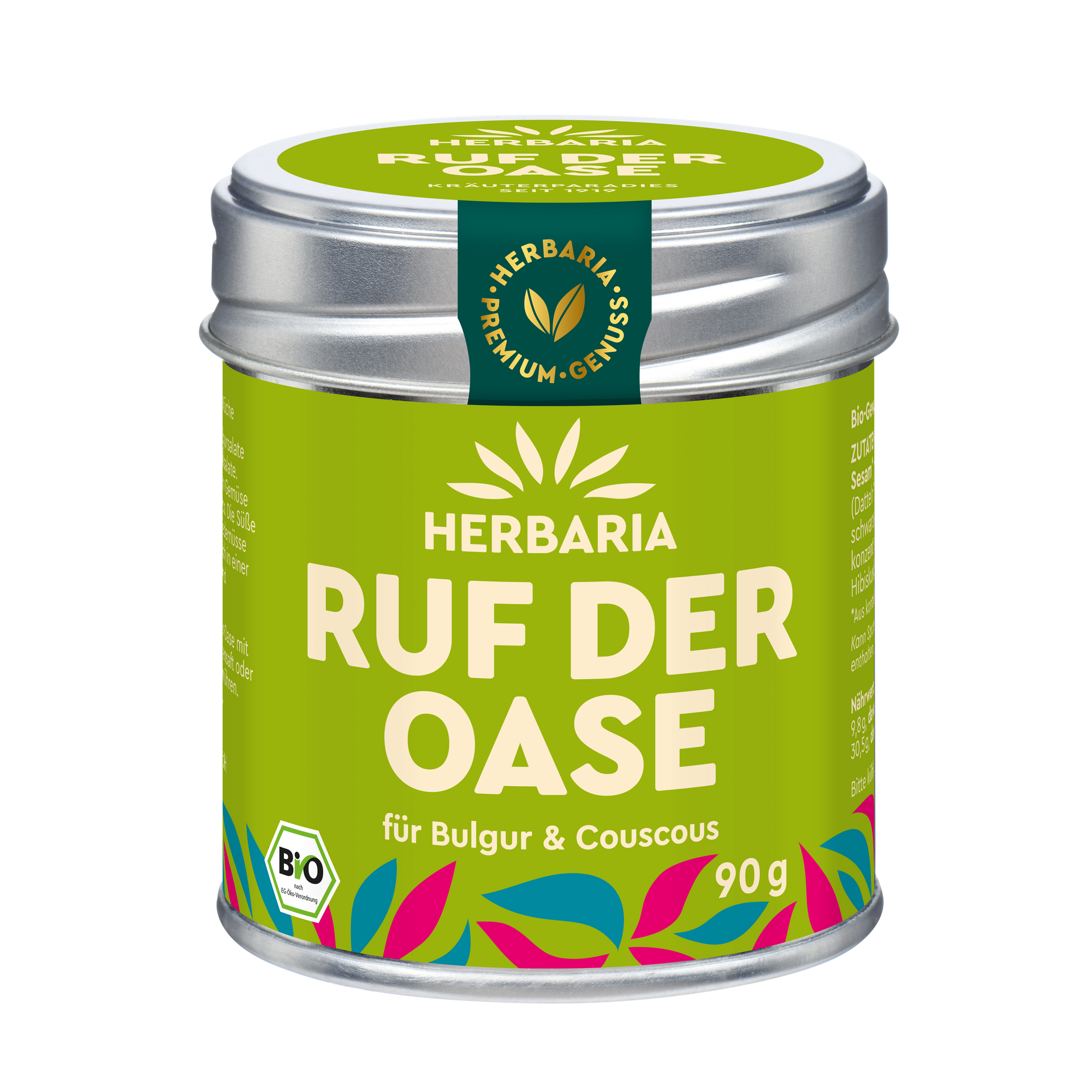 "Herbaria Ruf der Oase Bio-Gewürzzubereitung in der Weißblechdose für orientalische Gerichte aus Bulgur und Couscous."