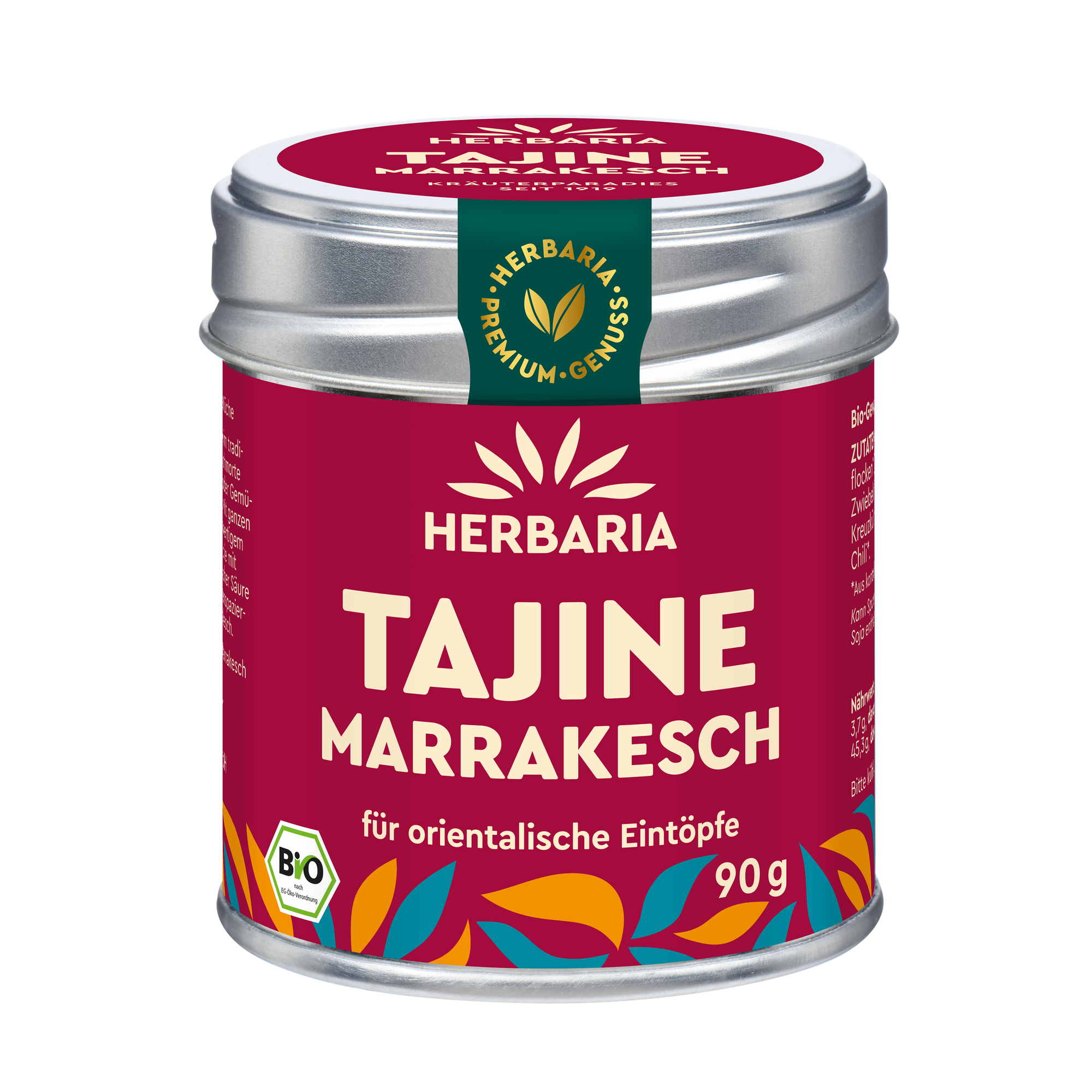 "Herbaria Tajine Marrakesch Bio-Gewürzzubereitung in der Weißblechdose für orientalische Eintopf- und Schmorgerichte."