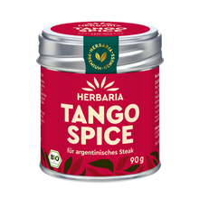 "Herbaria Tango Spice Bio-Gewürzzubereitung in der Weißblechdose für argentinisches Steak."