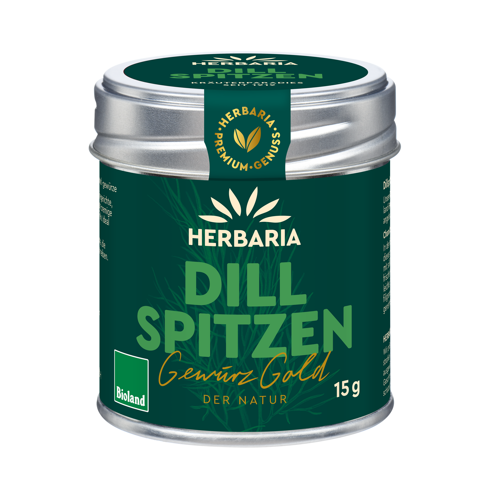 "Herbaria Bio-Dillspitzen in Bioland-Qualität in der Weißblechdose."