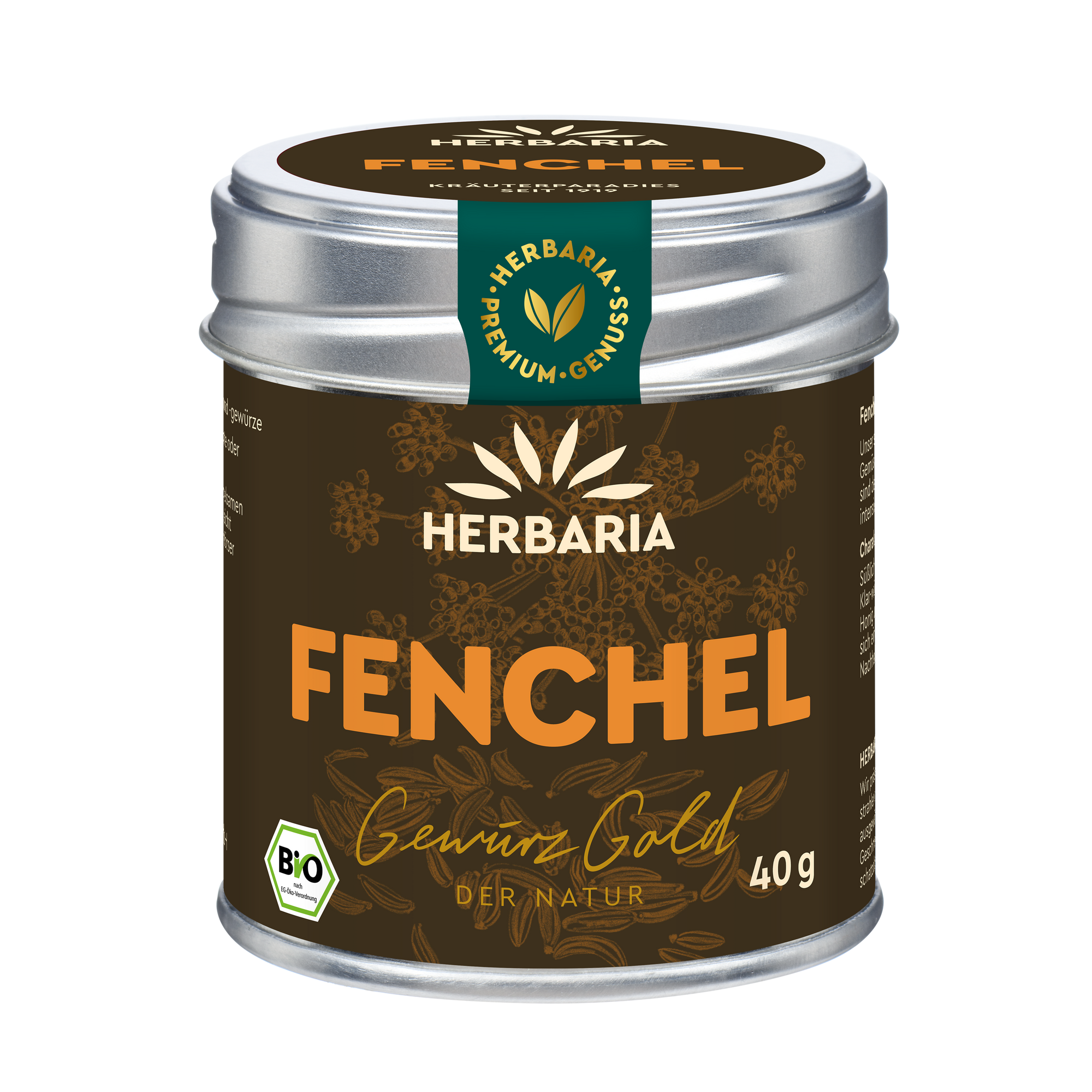 "Herbaria Bio-Fenchelsamen süß in der Weißblechdose."