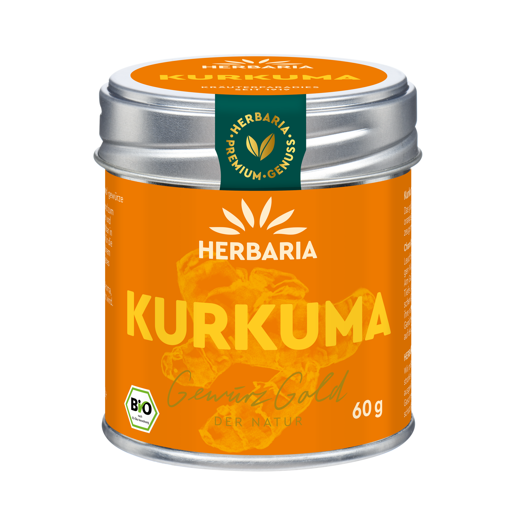 "Herbaria Bio-Kurkuma in der Weißblechdose."