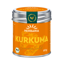"Herbaria Bio-Kurkuma in der Weißblechdose."