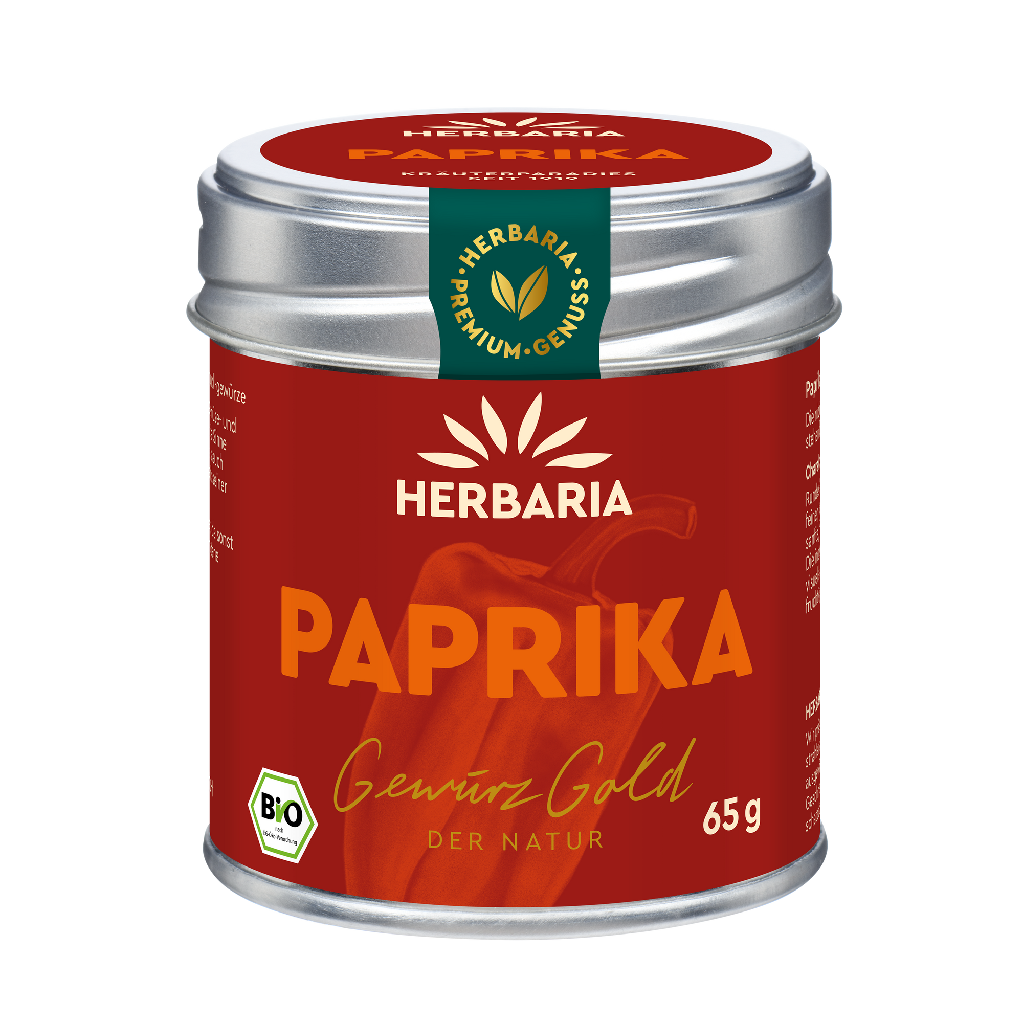 "Herbaria Bio-Paprika edelsüß in der Weißblechdose."