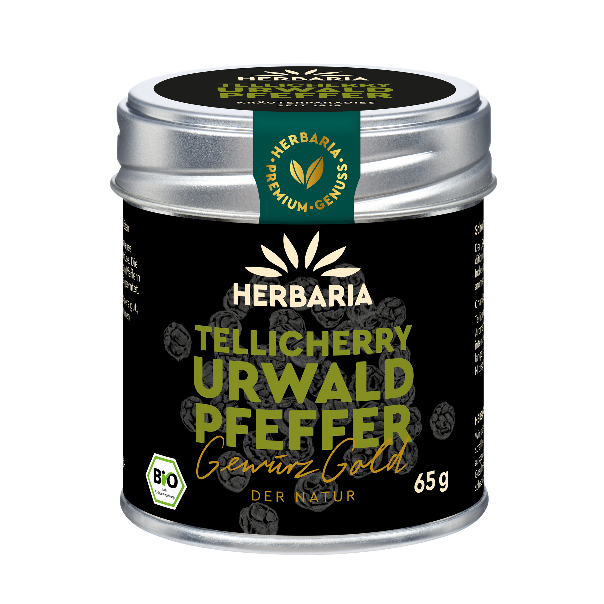 "Herbaria Tellicherry Urwaldpfeffer Bio-Pfeffer schwarz in der Weißblechdose."