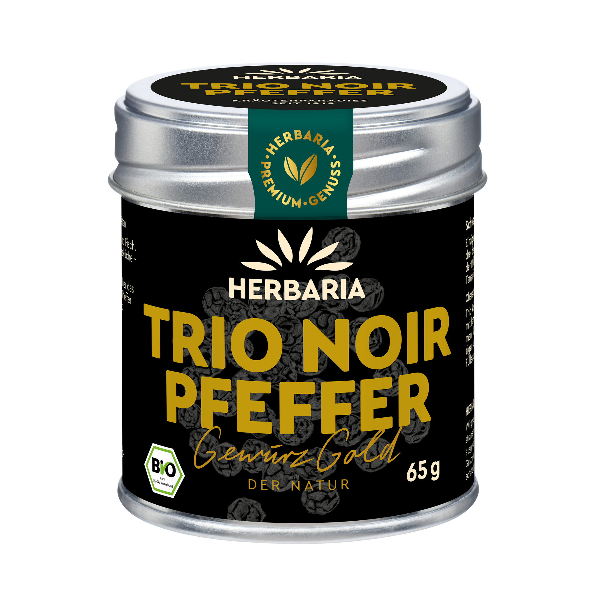 "Herbaria Trio Noir Bio-Pfeffer schwarz in der Weißblechdose."