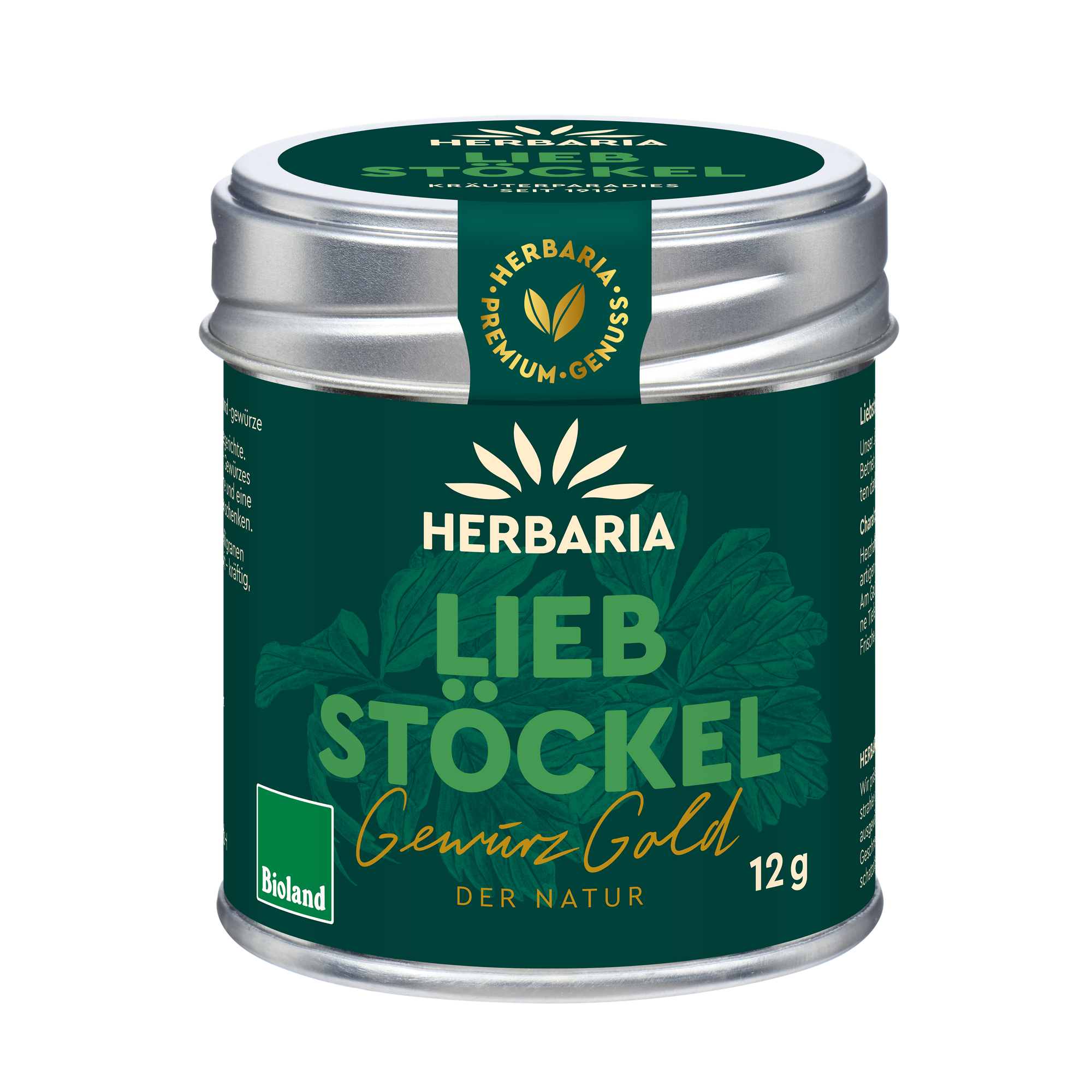 "Herbaria Bio-Liebstöckel in Bioland-Qualität in der Weißblechdose."