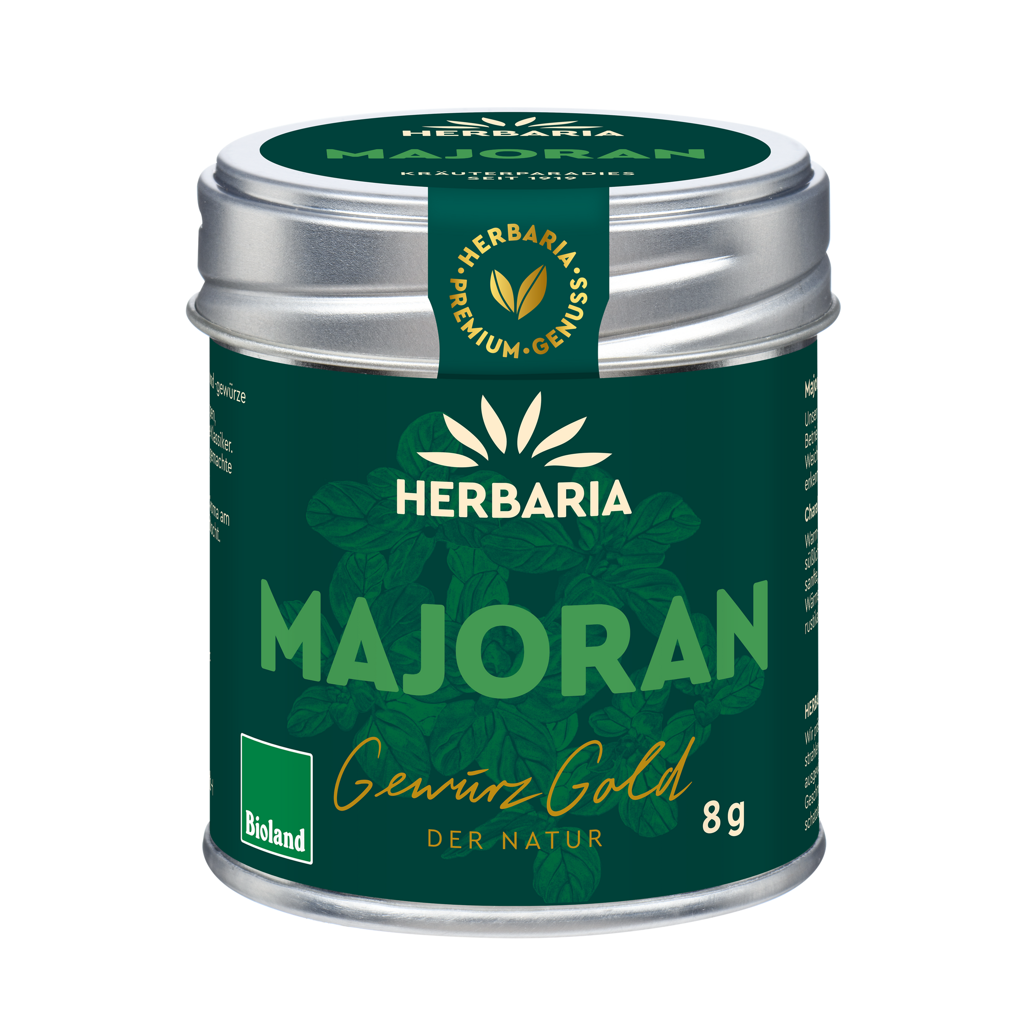 "Herbaria Bio-Majoran in Bioland-Qualität in der Weißblechdose."