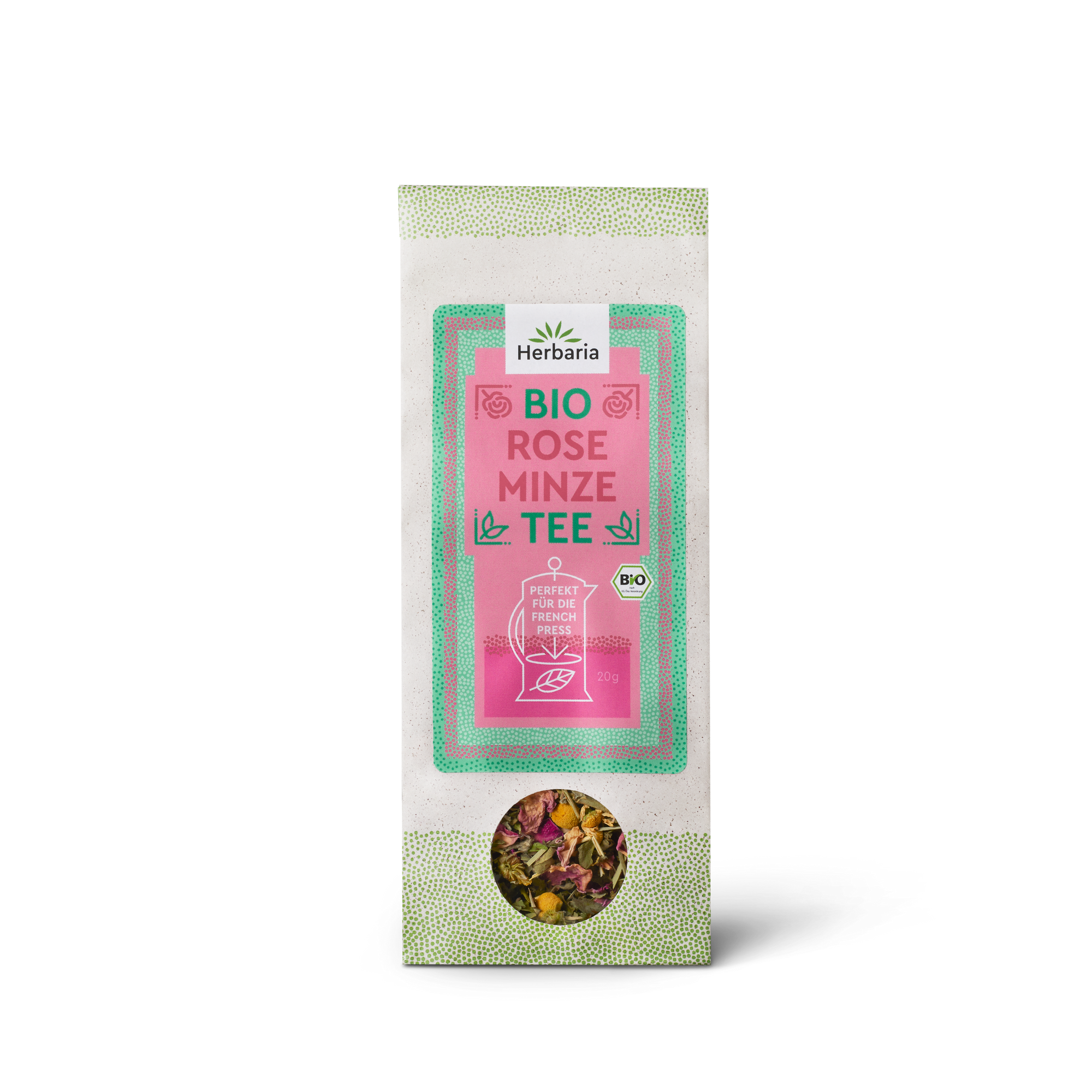 "Herbaria Teemischung Rose-Minze loser Bio-Kräutertee."